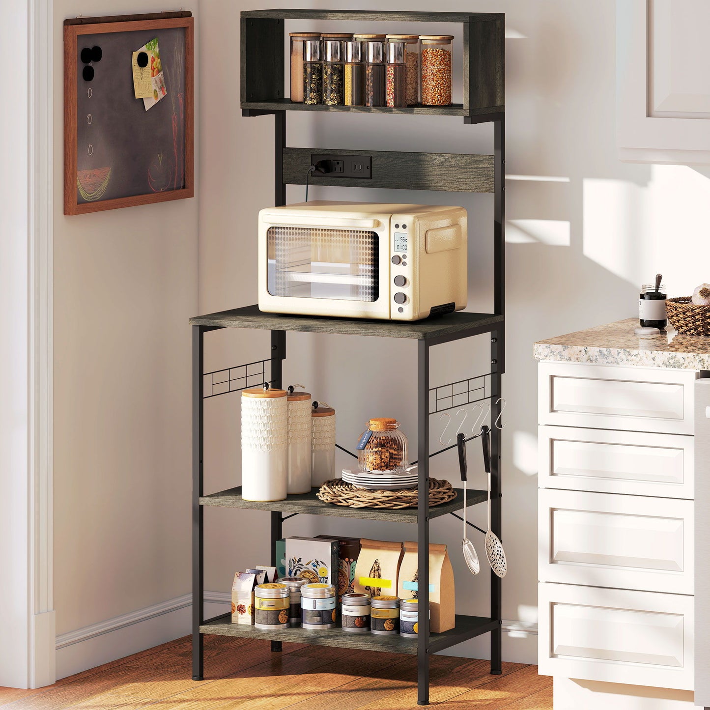 Baker's Rack with Charing Station, Microwave Shelf with Power Outlet, USB Charger and 5 Hooks, Distressed Grey