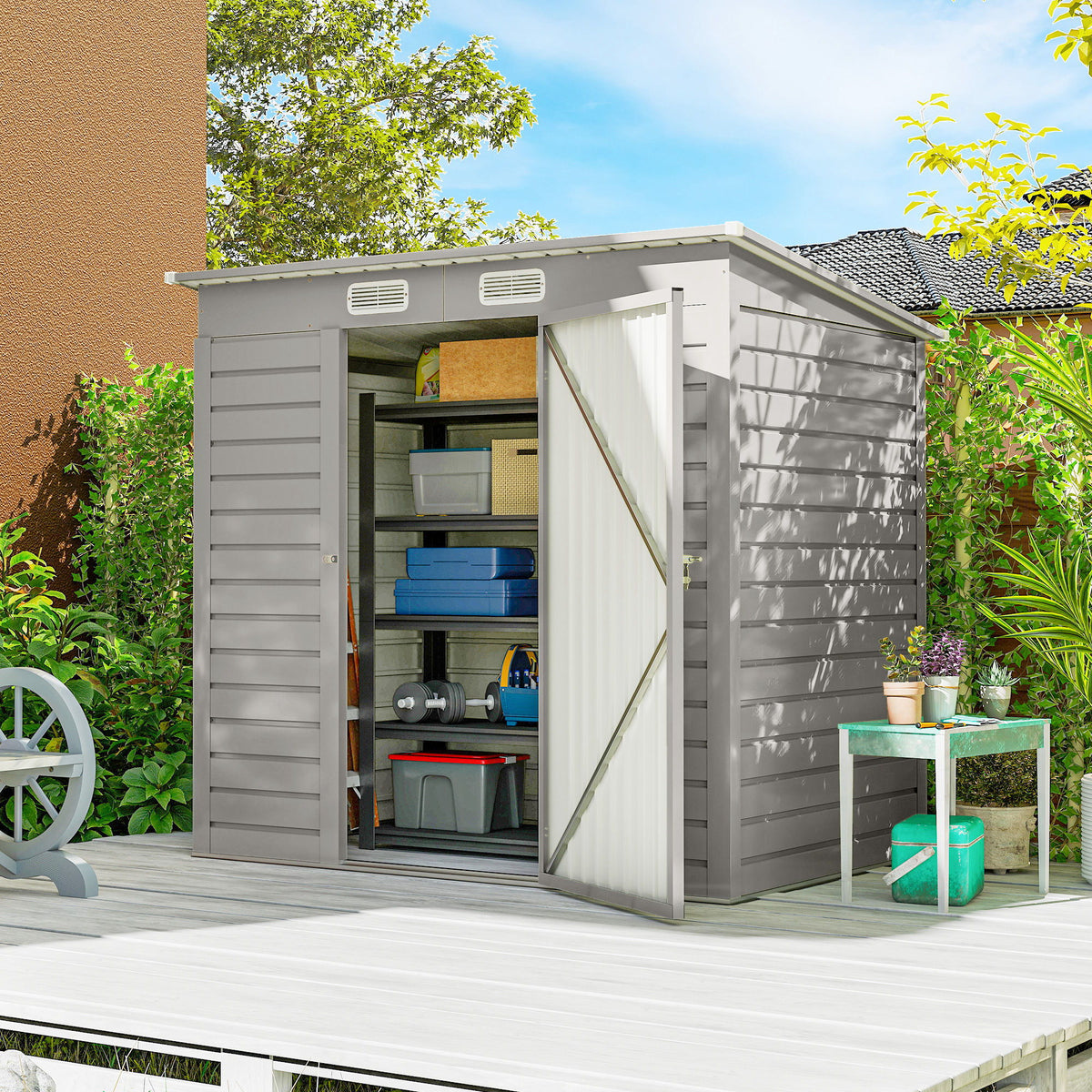 6 x 4FT Galvanized Garden Storage Shed, Metal Outdoor Shed with Double Doors and 2 Vents, Light Grey