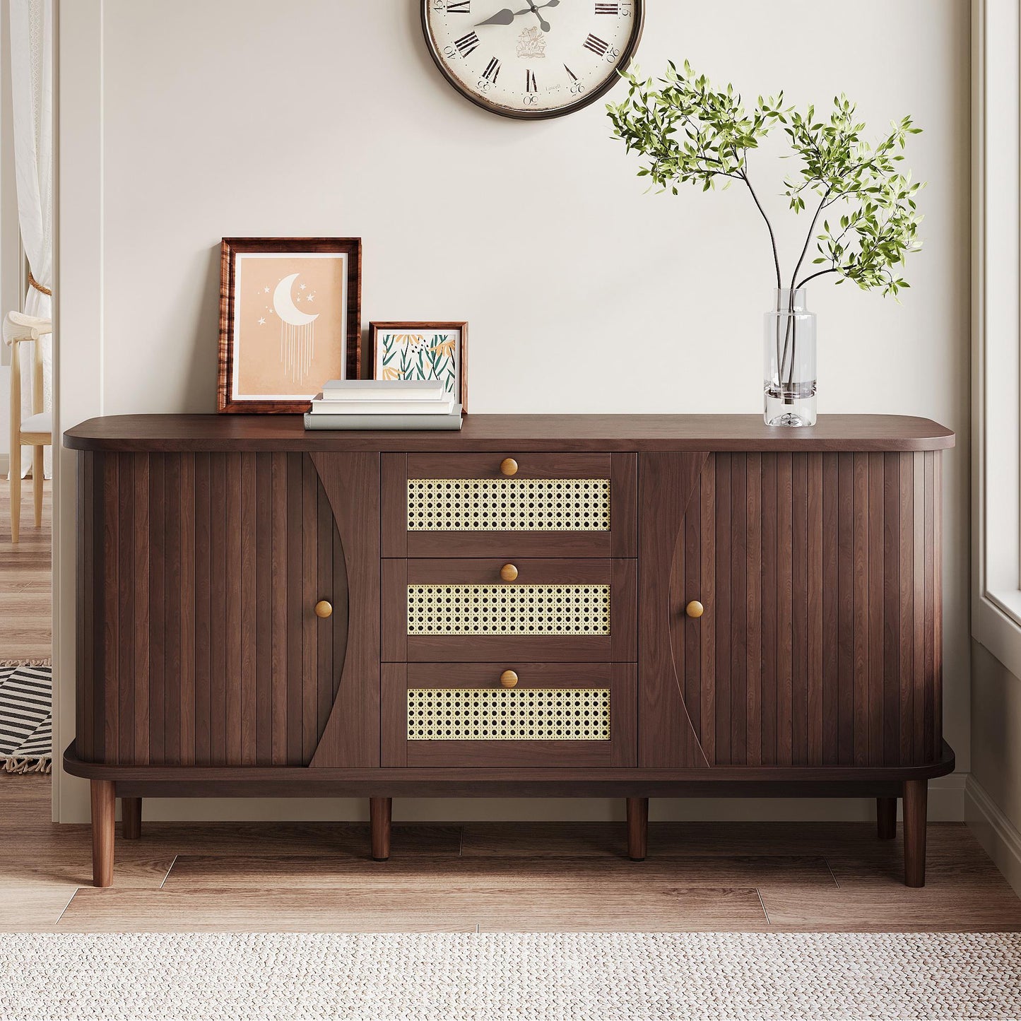 Rustic Style Sideboard with 2 Doors and Adjustable Shelves, Versatile Cabinet for Living Room or Dining Room, 55.5'' L x 16'' W x 30'' H, Wood