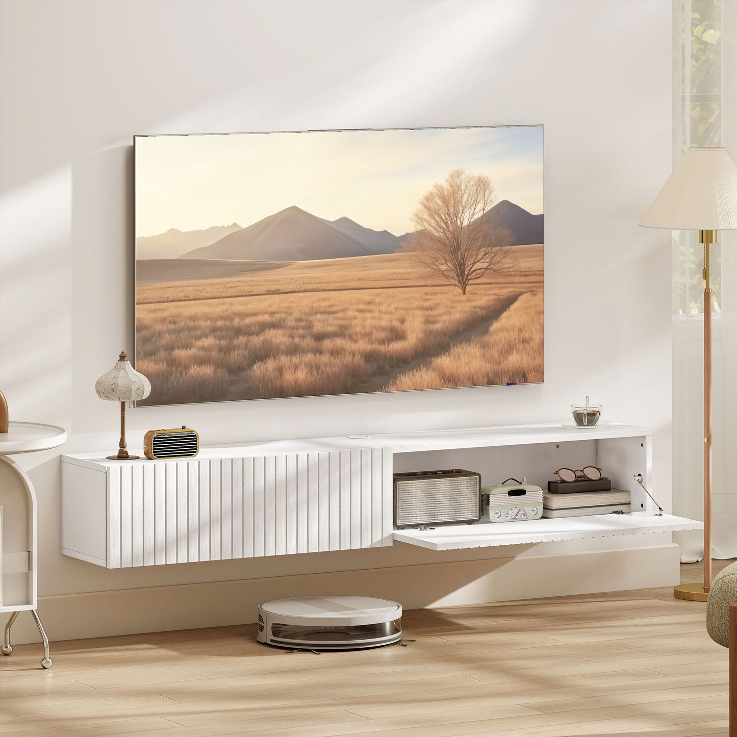 55" Floating TV Stand for TVs up to 72 Inch, Wall Mount Media Console with 2 Fluted Flip-Down Doors, Cable Hole, White