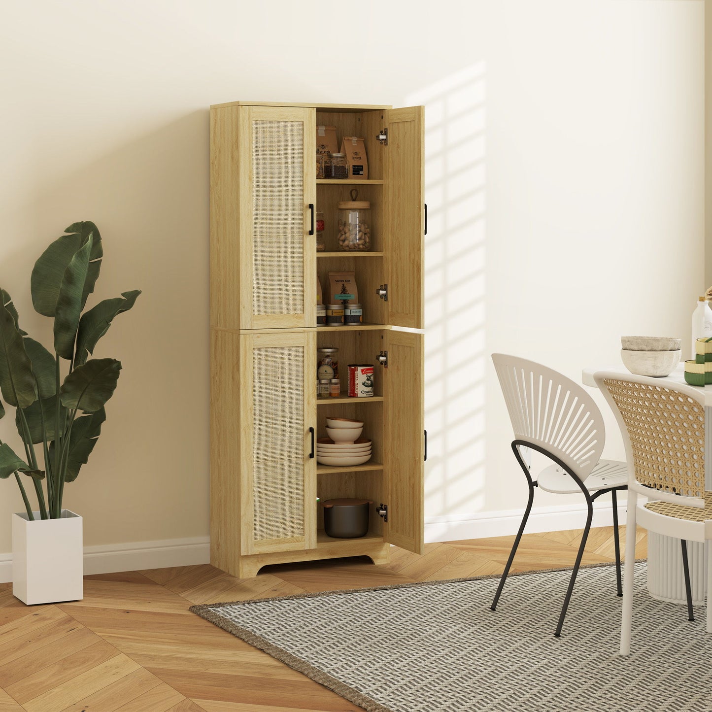 67" Tall Kitchen Pantry, Freestanding Kitchen Storage Cabinet with 4 Rattan Doors and Adjustable Shelves, Oak