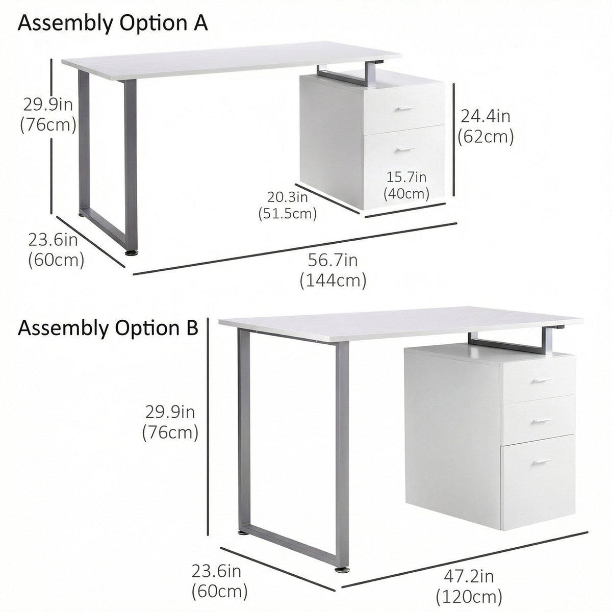 47" Computer Desk with Reversible File Drawers - White
