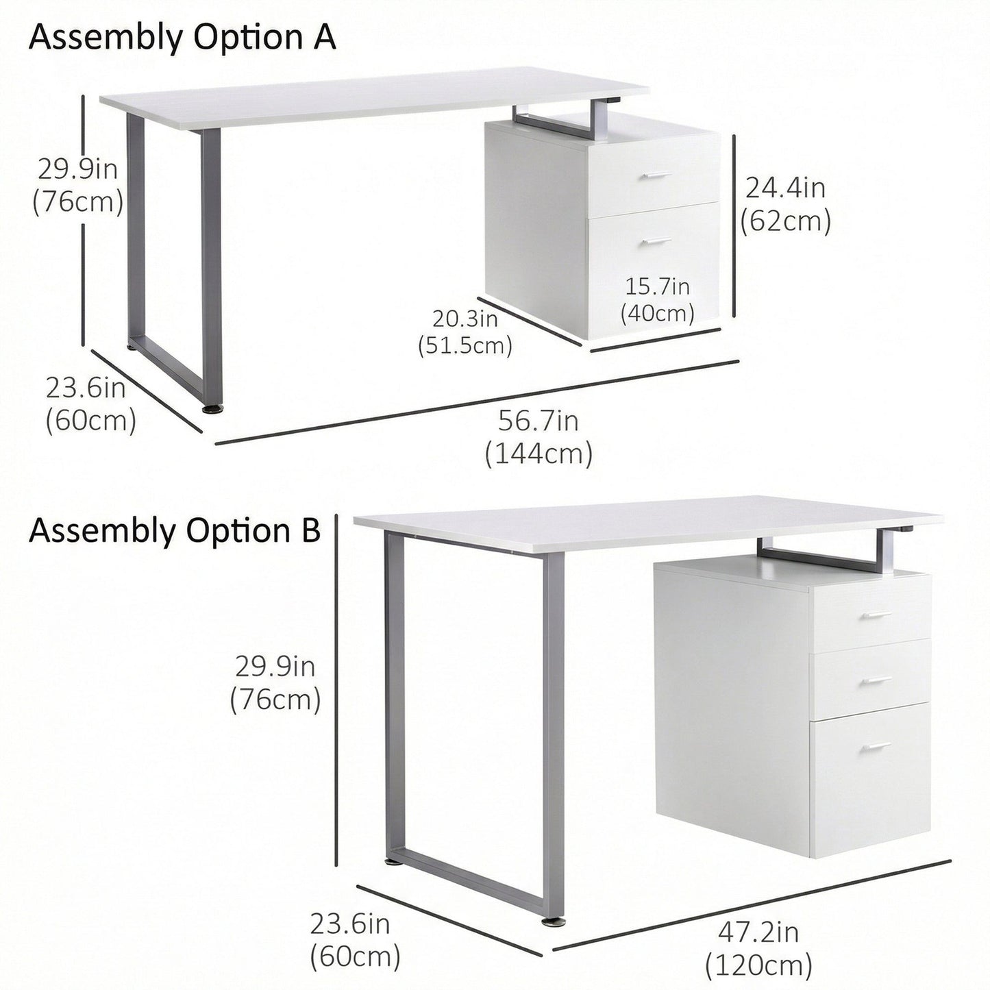47" Computer Desk with Reversible File Drawers - White