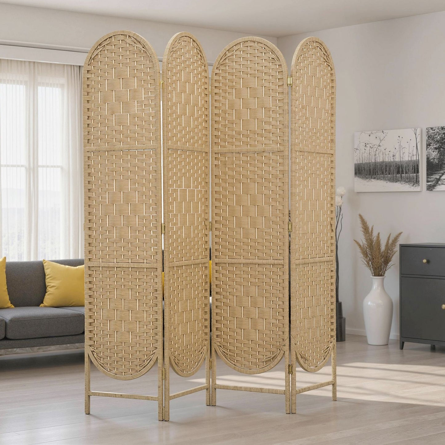 Bohemian Privacy Screen, Folding Room Divider with 4 Panels and Arched Top for Bedroom Living Room Office, Natural Wood