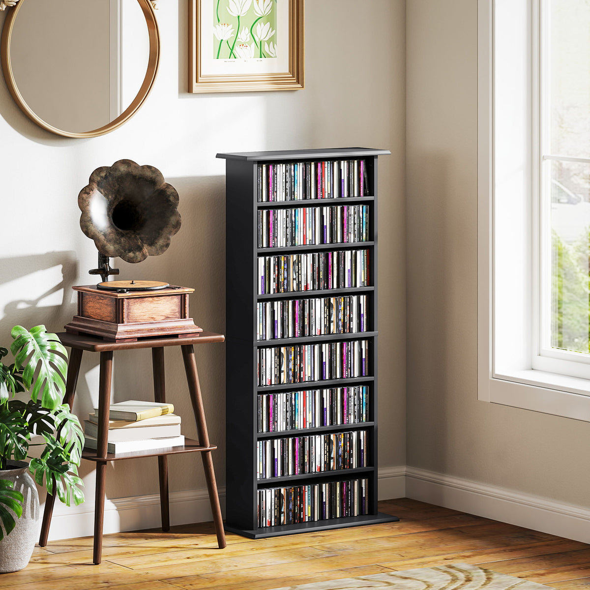 8-Tier DVD Shelf with 6 Adjustable Shelves, Slim CD Shelf, Holds 360 CDs, 185 DVDs or 185 Blu-rays, Black