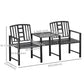 Steel Garden Bench w/ Middle Table, Umbrella Hole, Double Seat for Outdoor, Patio, Backyard Weather-Resistant Frame, Black