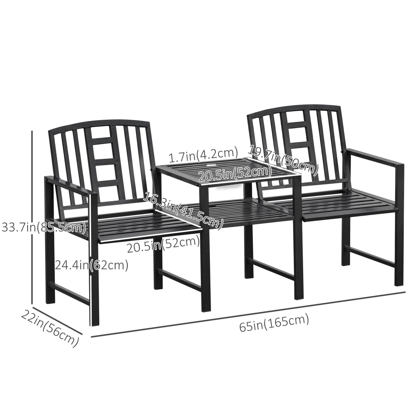 Steel Garden Bench w/ Middle Table, Umbrella Hole, Double Seat for Outdoor, Patio, Backyard Weather-Resistant Frame, Black