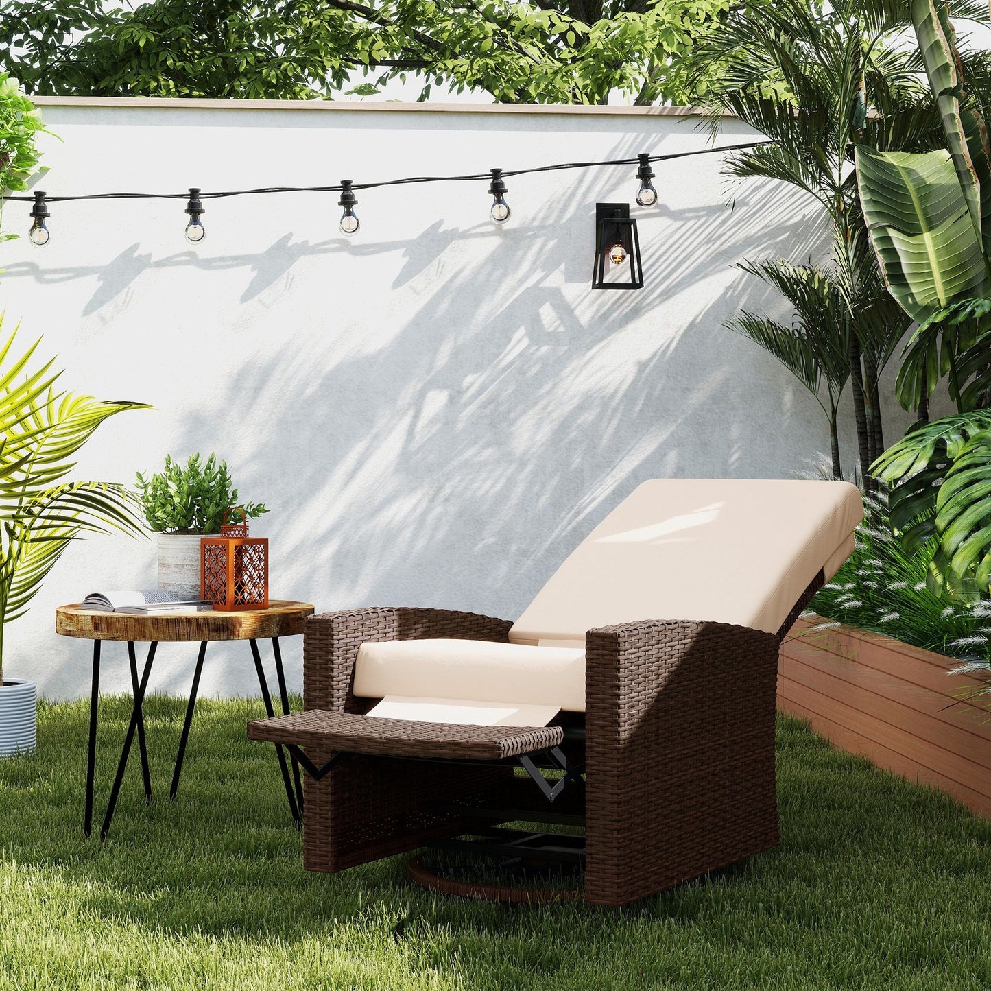 Outdoor Rattan Wicker Lounge Chair with Footrest & Soft Cushion for Patio, Garden, Backyard, Cream White