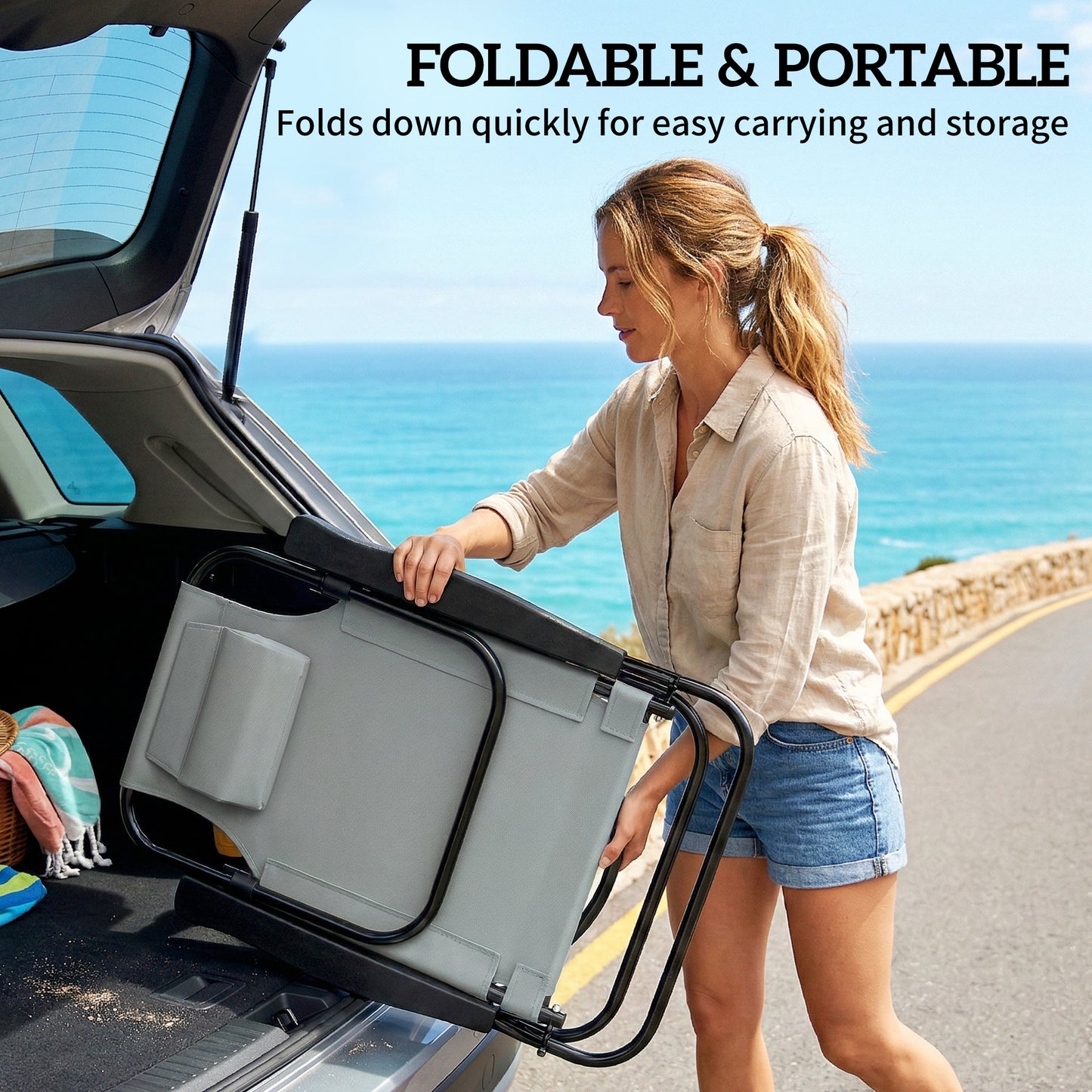Set of 2 Beach Chair 5-Position Adjustable Folding Camping Chair with Headrest Armrests Light Grey