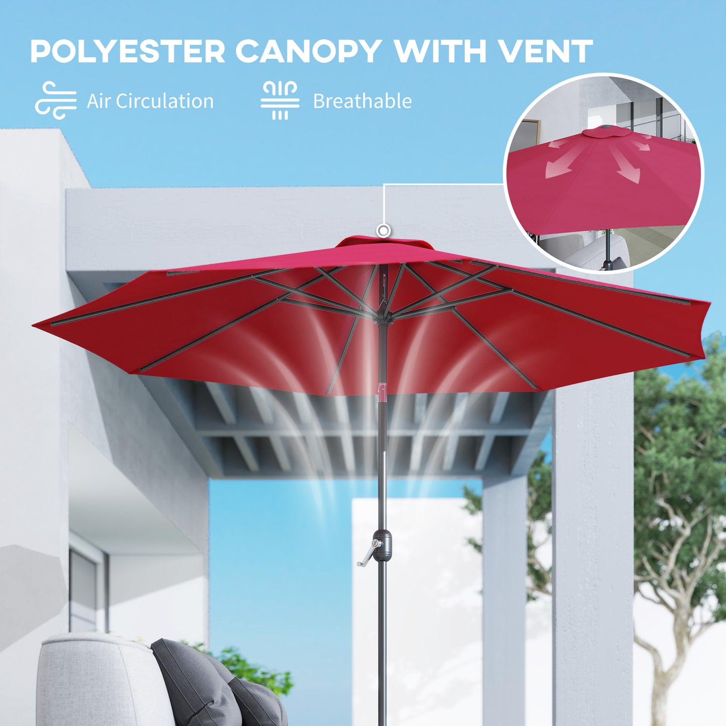 10' x 8' Round Market Umbrella, Patio Umbrella with Crank Handle and Tilt, Outdoor Parasol for Garden, Wine Red