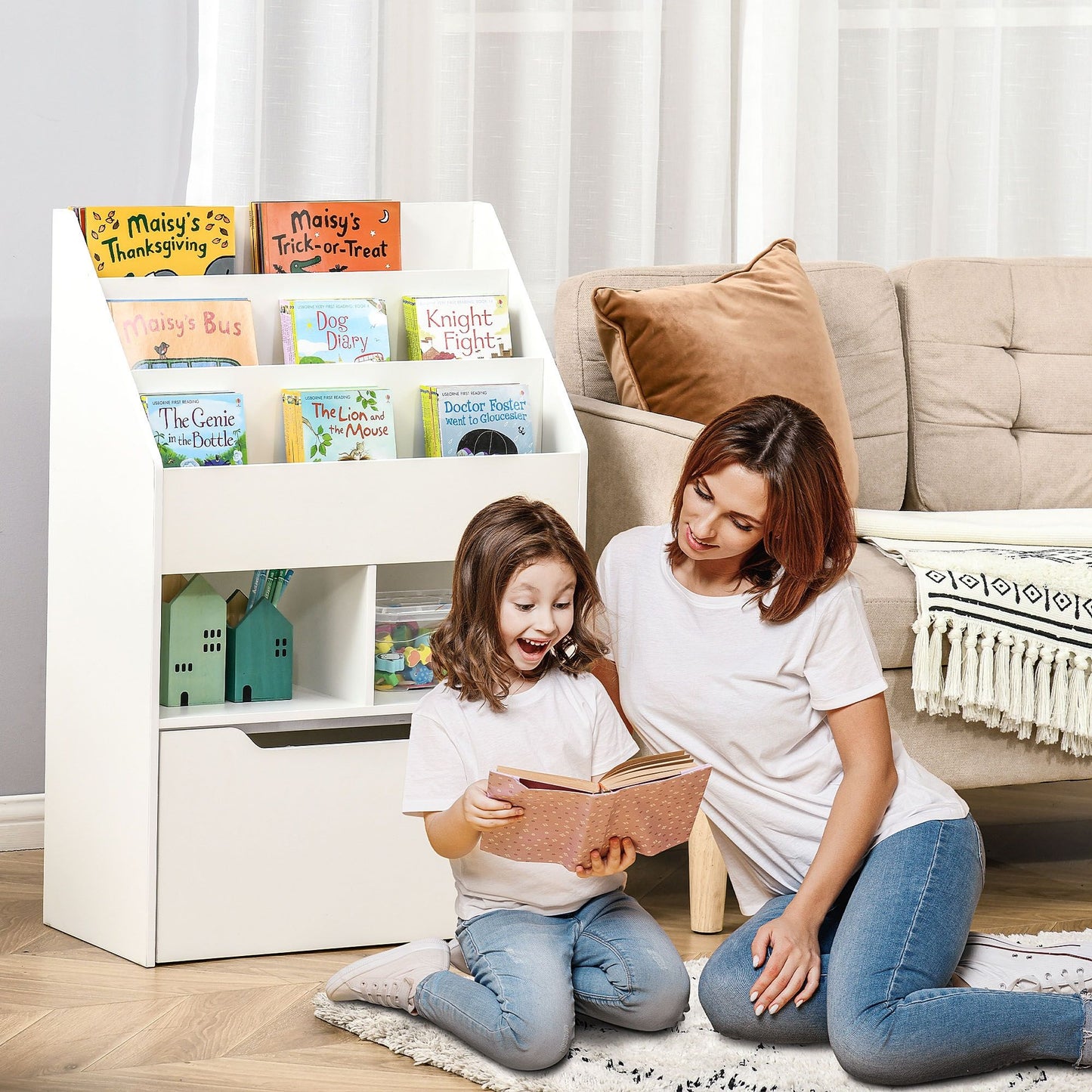 Kids Bookshelf Bookcase, Montessori-Inspired Multi-Shelf Rack Organizer with Moveable Drawer for Books for Reading Nook, Classroom, Bedroom, Playroom, White