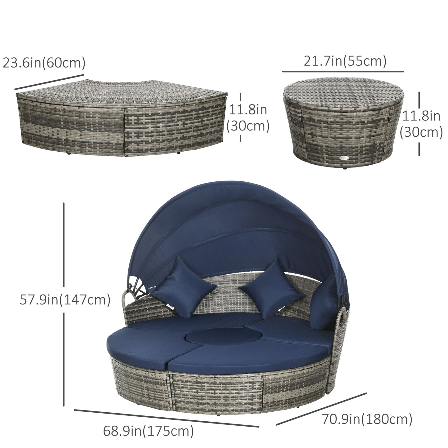 4 Pieces Outdoor Daybed with Retractable Canopy, PE Rattan Wicker Round Sofa Day Bed, Patio Sectional Conversation Furniture Set with Cushions and Pillows, Dark Blue
