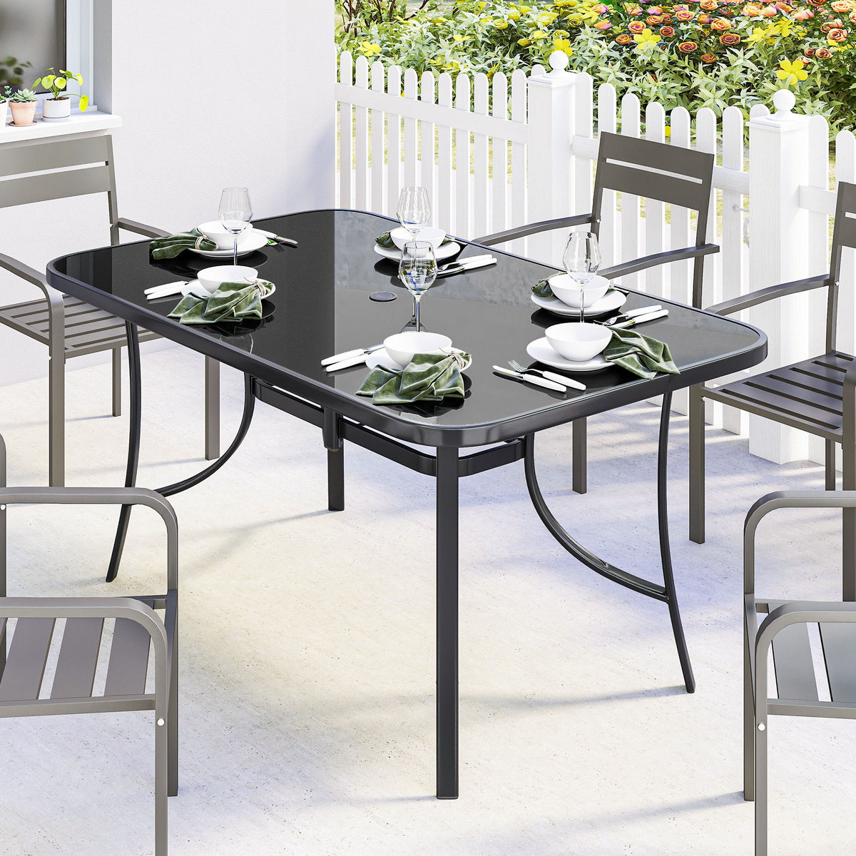 Outdoor Dining Table for 6 with Umbrella Hole, Metal Patio Dining Table with Tempered Glass Top