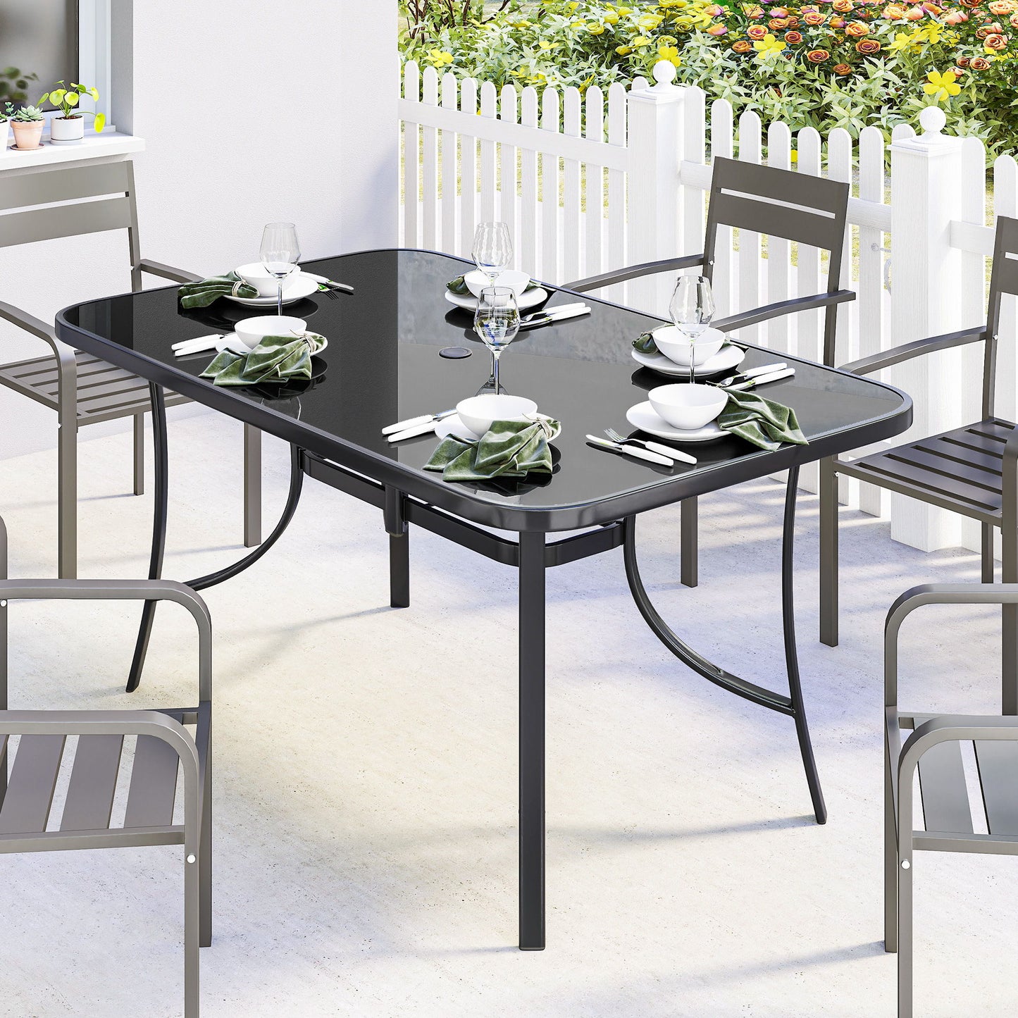 Outdoor Dining Table for 6 with Umbrella Hole, Metal Patio Dining Table with Tempered Glass Top