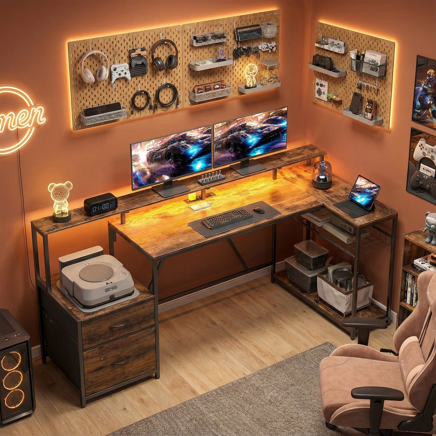 76" Gaming Desk with RGB Lights and USB - Rustic Brown