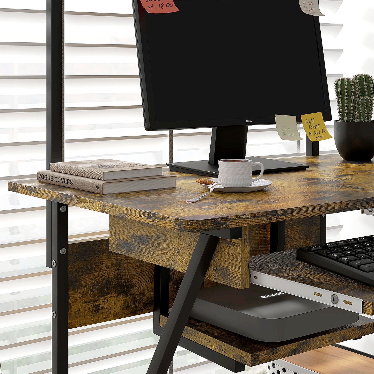 32" Mobile Computer Table, Rolling Study Desk for Home Office with Keyboard Tray, Storage Shelves, Wheels, Rustic Brown