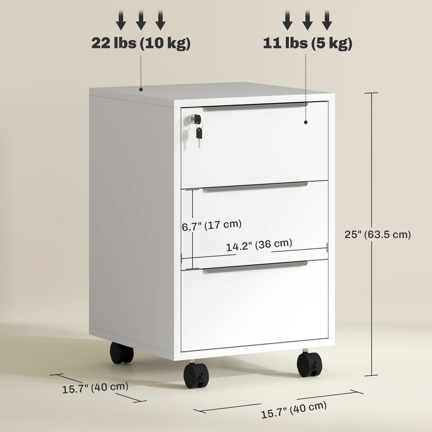 3-Drawer Mobile File Cabinet with Lock - White