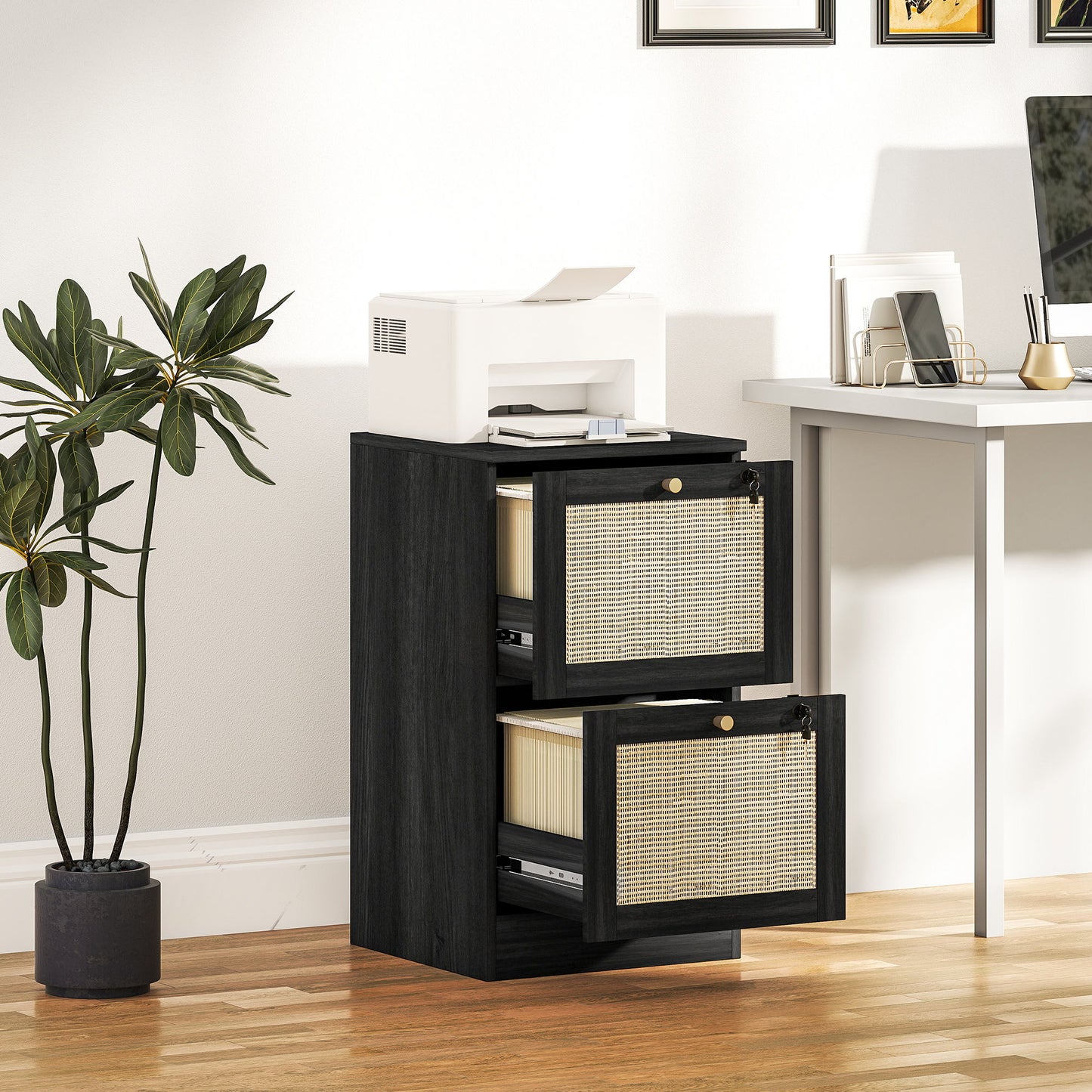 2 Drawer Filing Cabinet with Lock, Boho File Cabinet for A4 Letter Size Files with Decorative Rattan Accents, Black