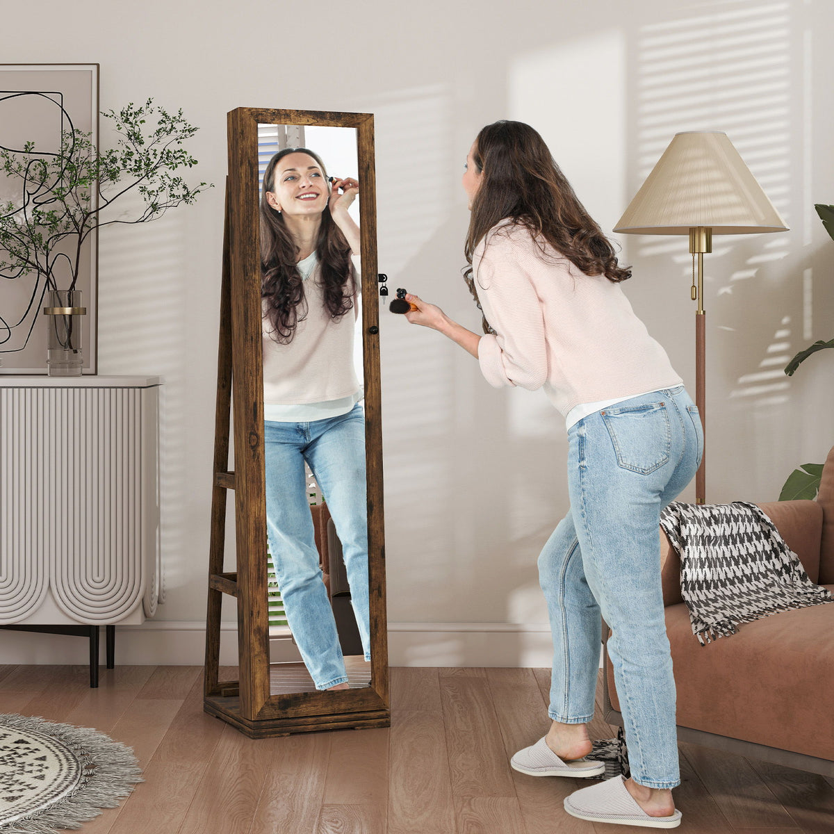 360° Swivel Jewelry Armoire, Lockable Mirror Jewelry Cabinet with Built-In Small Mirror, Rustic Brown