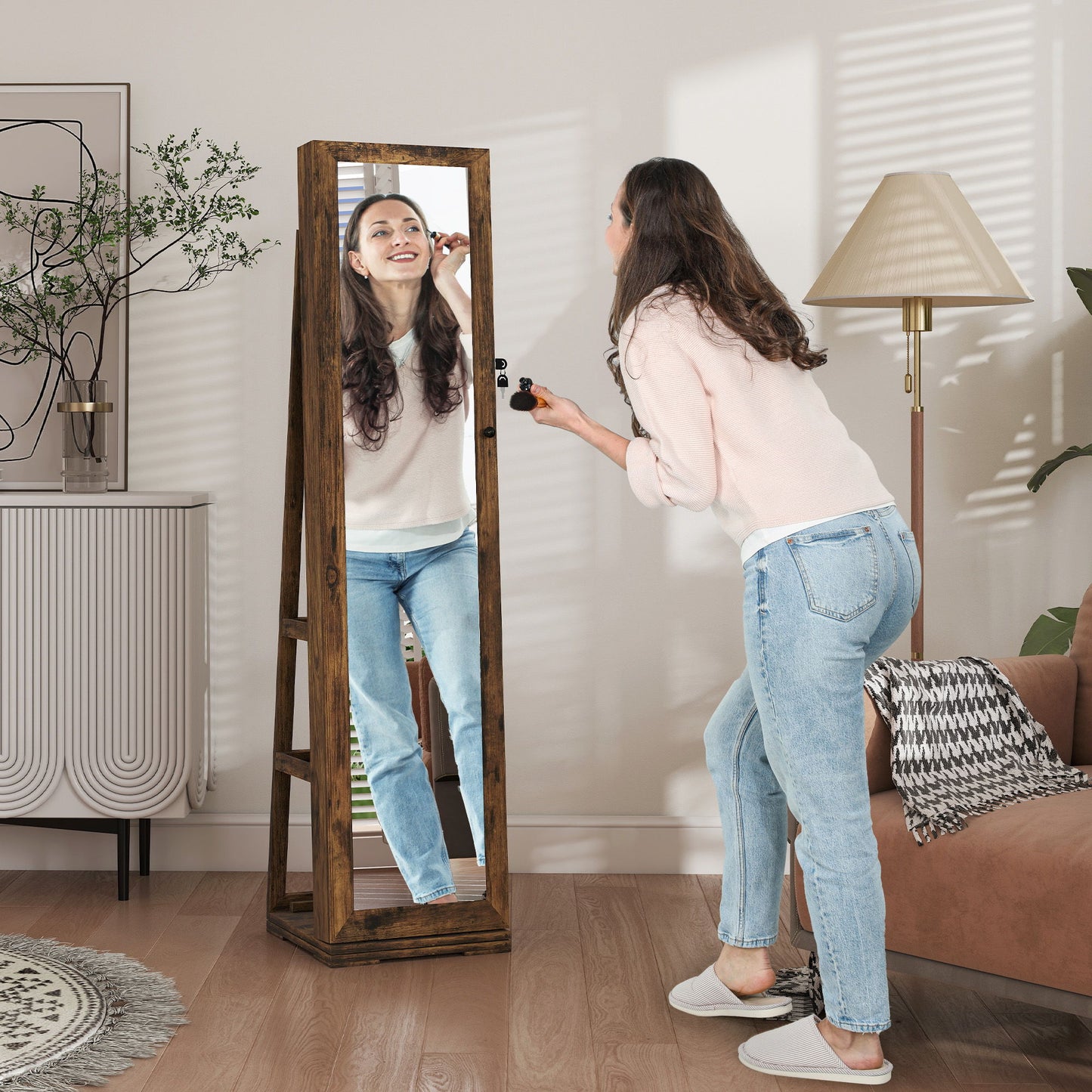 360° Swivel Jewelry Armoire, Lockable Mirror Jewelry Cabinet with Built-In Small Mirror, Rustic Brown