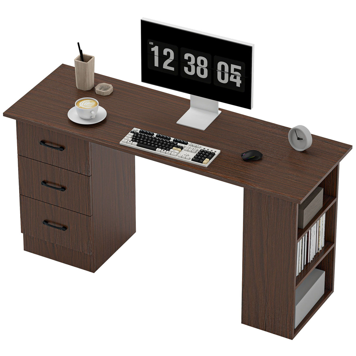 Computer Desk, 55" Writing Table with 3-Tier Shelves and 3 Reversible Drawers for Home Office, Bedroom, Walnut