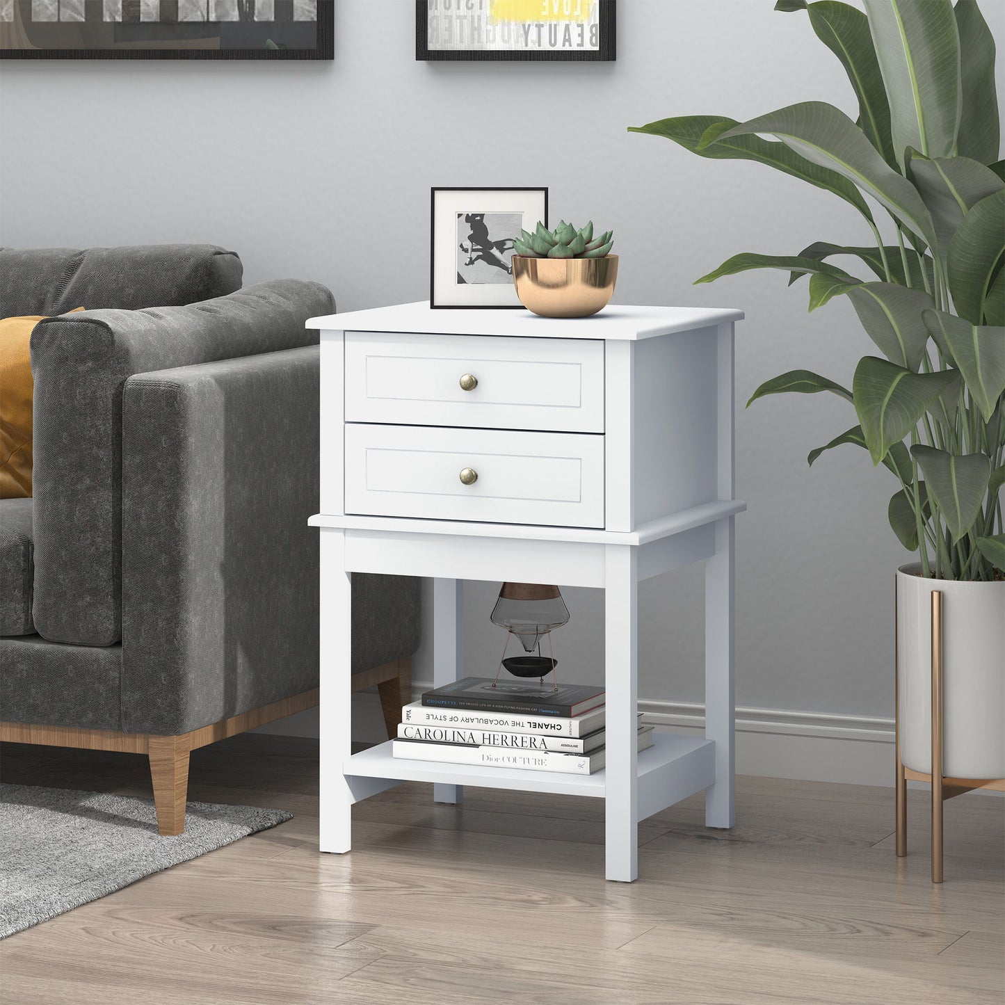 Modern Sofa Side Table, Accent End Table with Drawers and Storage Shelf, Nightstand for Bedroom Living Room, White