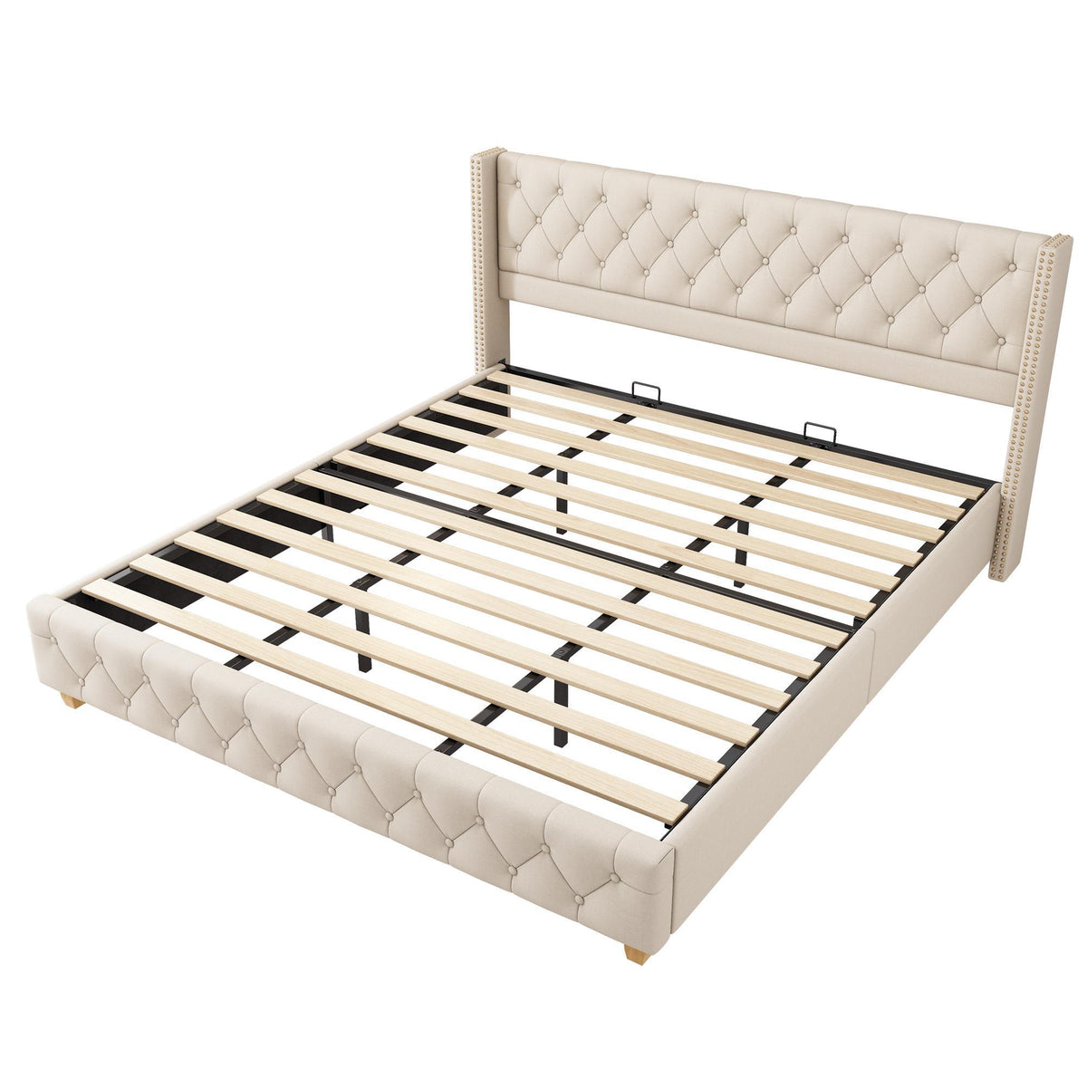 King Size Linen Upholstered Bed with Diamond Tufted Buttons, Solid Bedboard with Sturdy Wood Legs, 80.5'' L x 82.5'' W x 42.5'' H, Beige