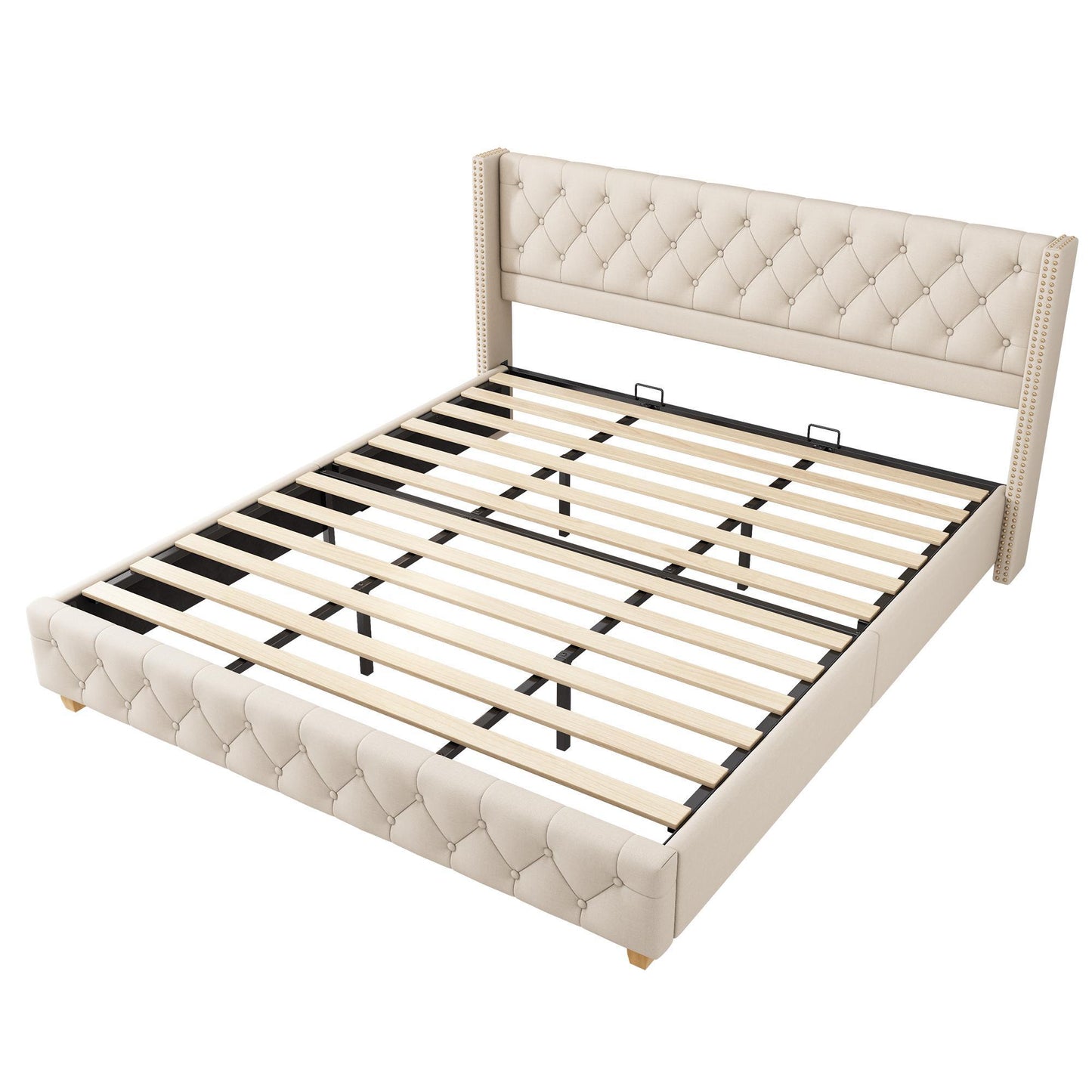 King Size Linen Upholstered Bed with Diamond Tufted Buttons, Solid Bedboard with Sturdy Wood Legs, 80.5'' L x 82.5'' W x 42.5'' H, Beige