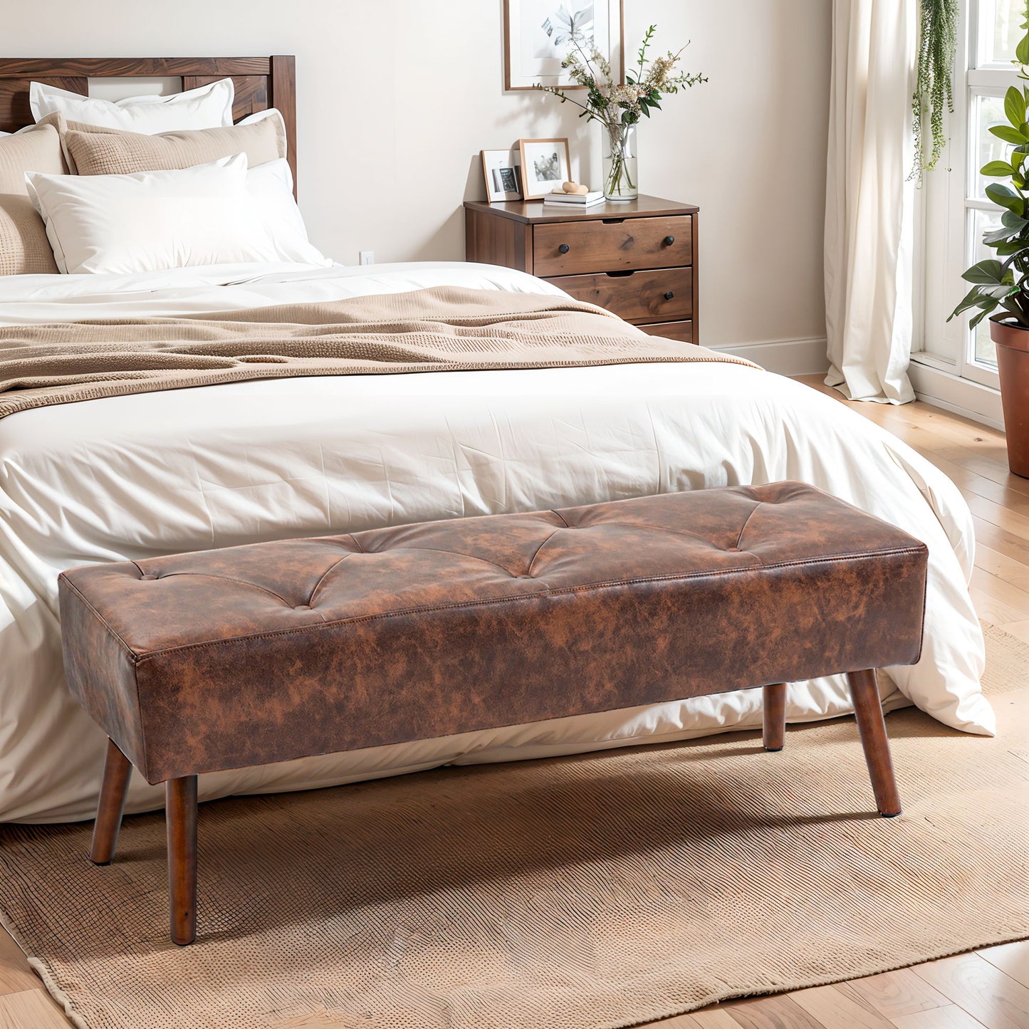 Bedroom Bench, End of Bed Bench with Button Tufted, PU Leather Upholstered Entryway Bench with Wood Legs, Brown