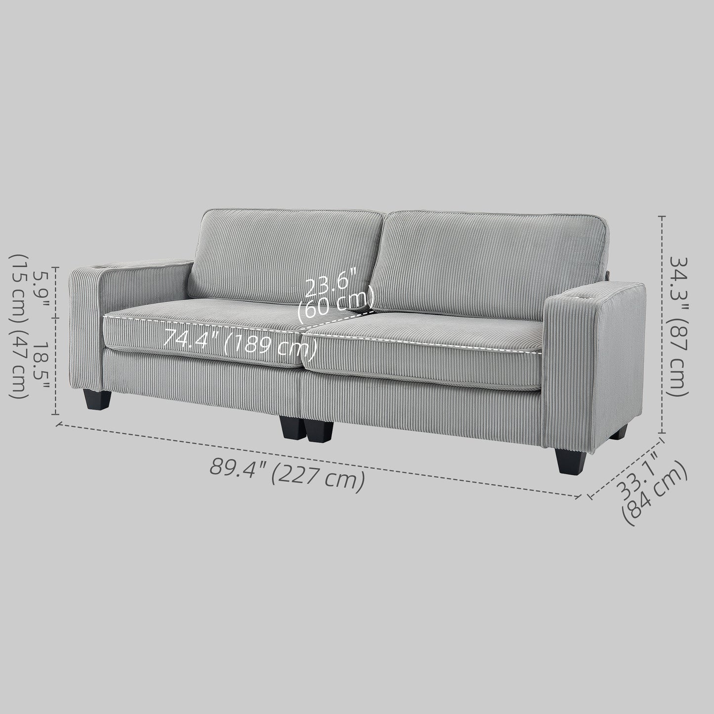 Three Seater Sofa, Fabric 3 Seater Couch with Spring Cushion and Cup Holders for Living Room, Bedroom, Light Grey