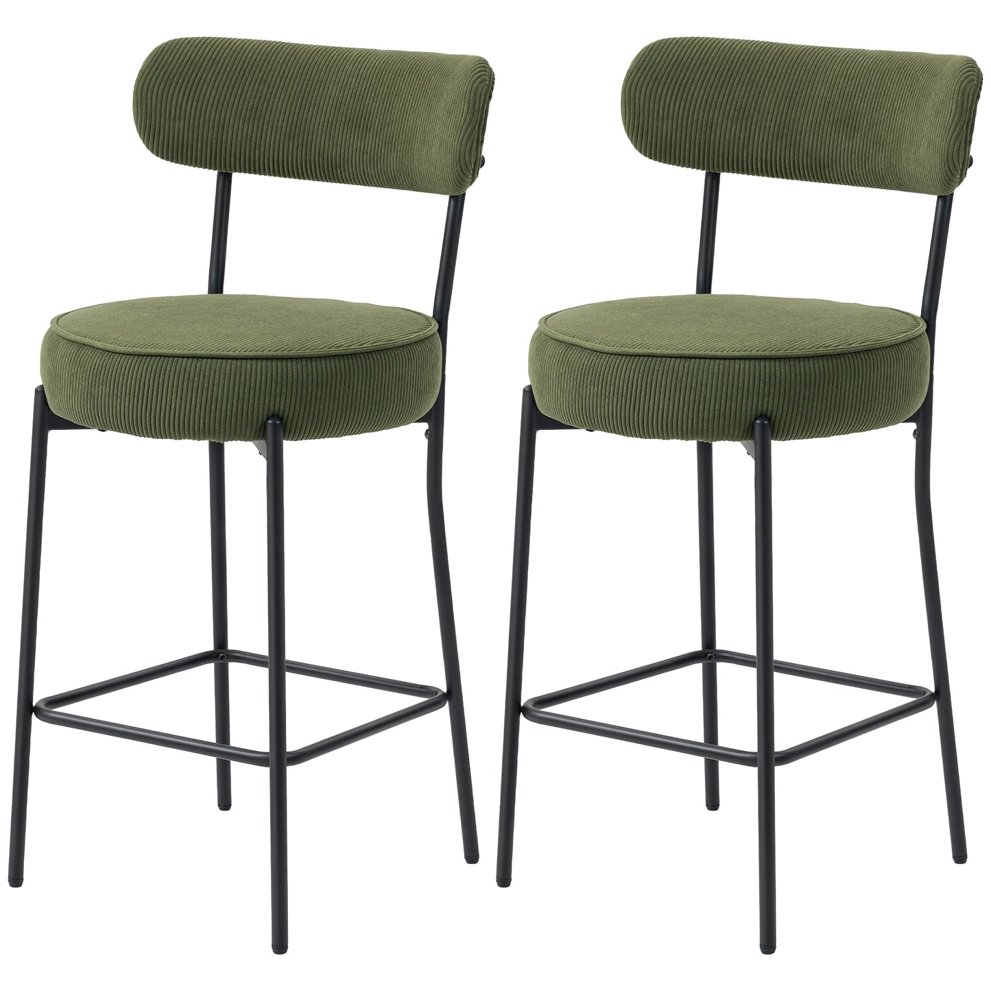 Set of 2 Barstools, Upholstered Corduroy Bar Stools with Backrest, Footrest for Kitchen Island, Dining Room, Green