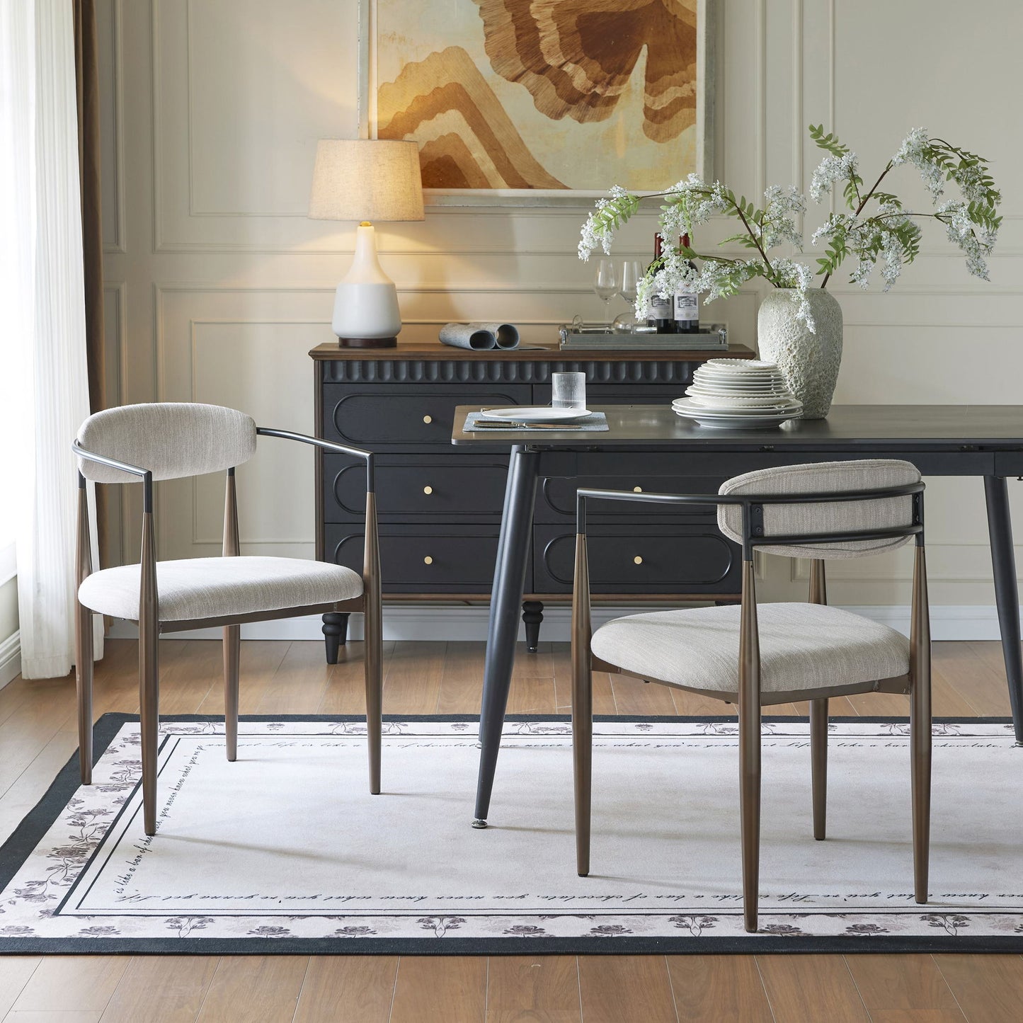 Set of 2 Modern Dining Chairs with Iron Frame and Gold Accent, Dining Seats for Ultimate Comfort and Style, 23" L x 22" W x 31.5" H, Beige+Black