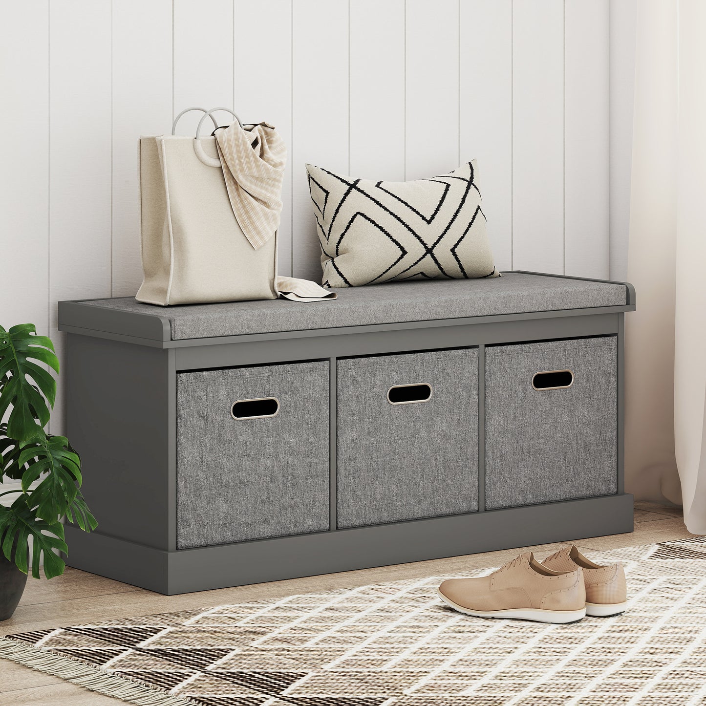 Shoe Storage Bench with Seat, Entryway Bench Seat with Cushion, 3 Fabric Drawers for Hallway, Dark Grey