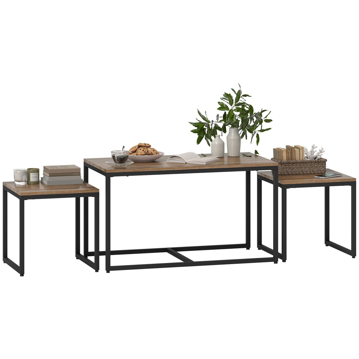 Nesting Coffee Table Set of 3 with Metal Frame - Brown