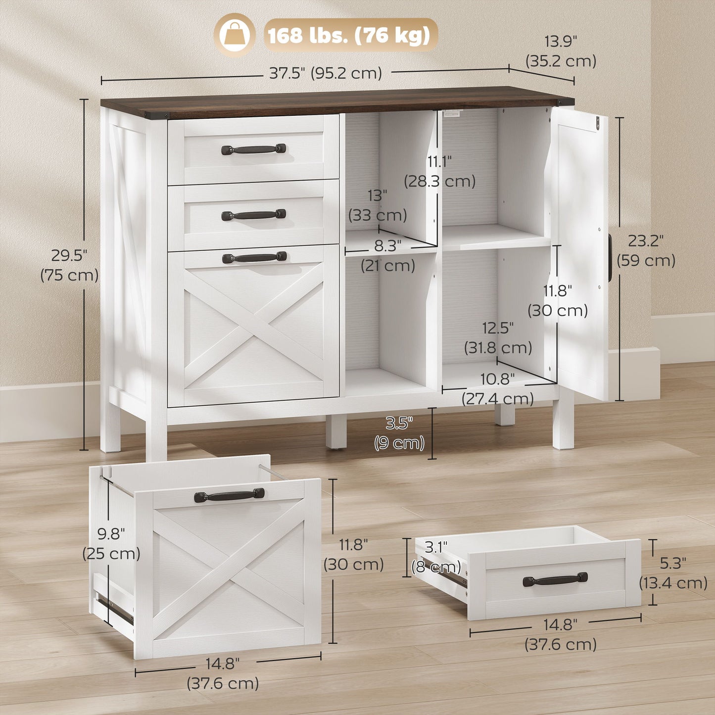 Lateral Filing Cabinet with Drawers, Shelves, Adjustable Hanging Bar for Home Office, Fit A4/Letter Files, White