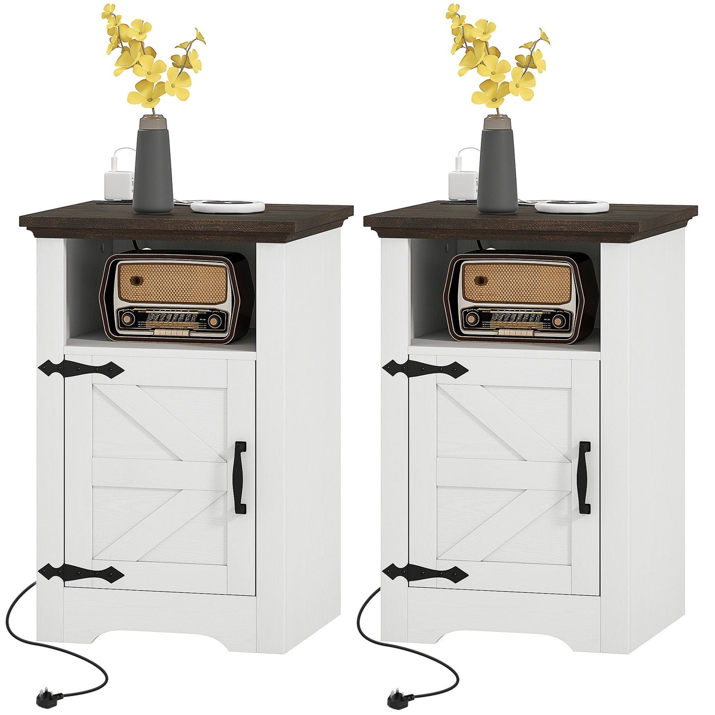 Set of 2 Nightstands with Charging Outlets - White