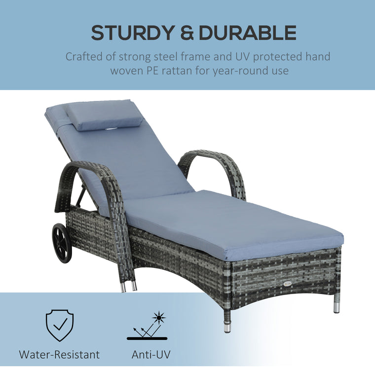 Wicker Chaise Lounge with 5-Level Backrest & Wheels