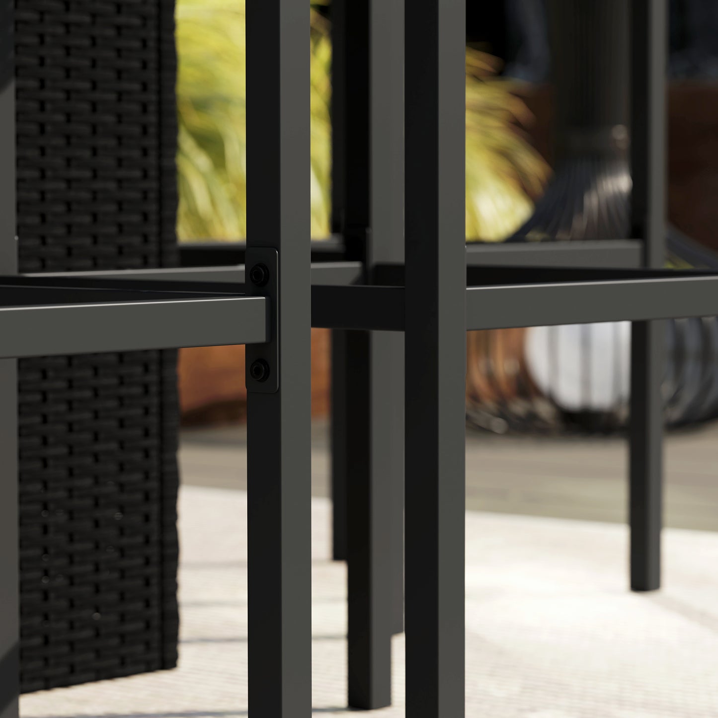 5 Pieces Patio Bar Set, Outdoor PE Rattan Wicker High Top Outdoor Table and Chairs Outdoor Bar Set with Tempered Glass Top Bar Table and Shelves, 4 Bar Chairs, Black