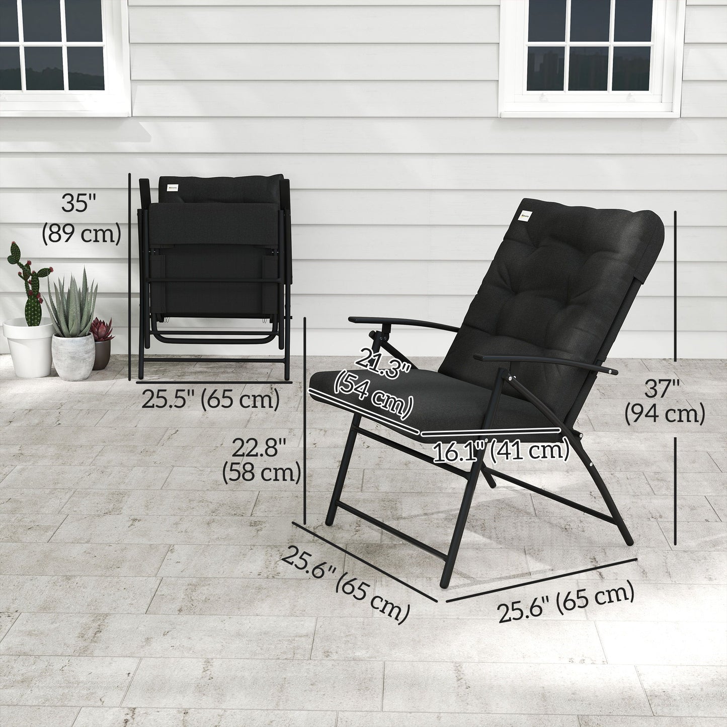 Set of 2 Outdoor Folding Chairs with Adjustable Backrest, Padded Camping Chairs for Outdoor Events, Black