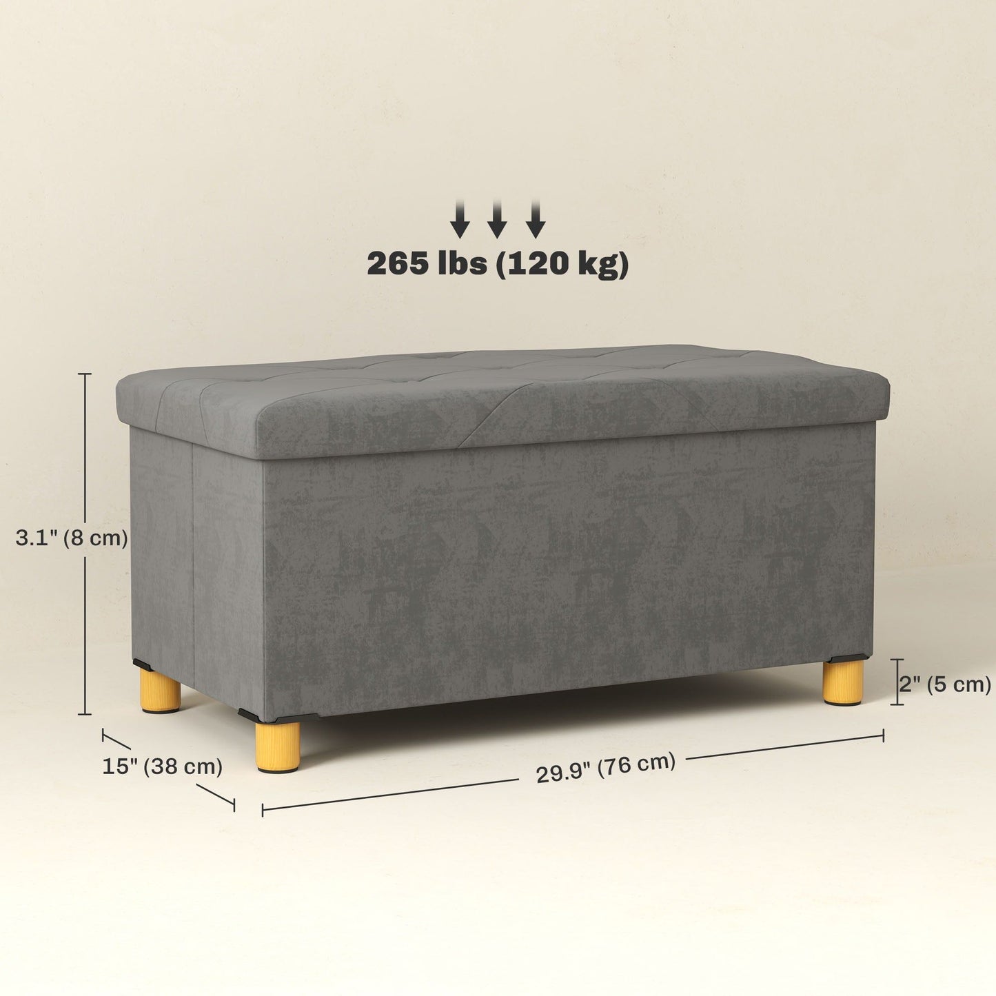 Foldable Velvet Storage Ottoman with Wood Legs - Grey