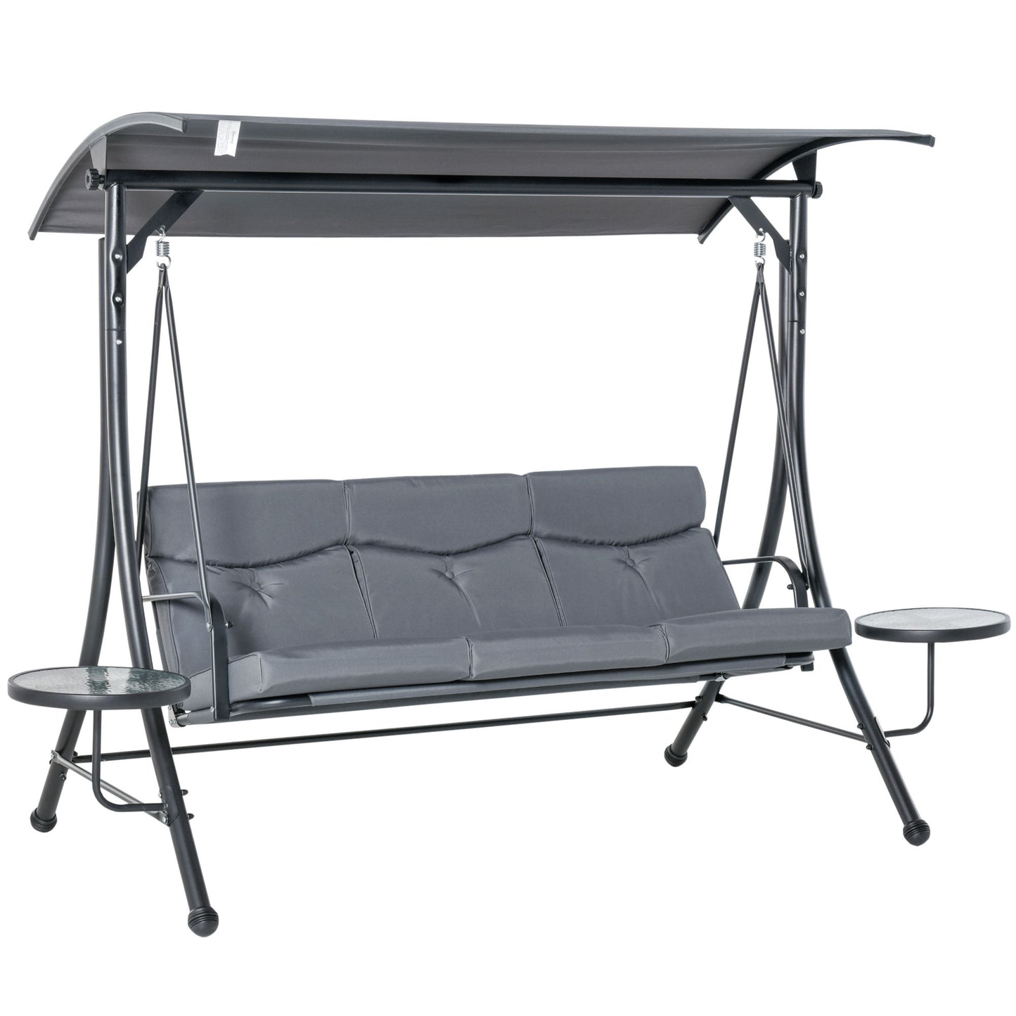 3 Seat Outdoor Swing Chair Steel Swing Bench Porch Swing With Adjustable Canopy, Coffee Tables and Cushion for Patio Garden, Dark Grey