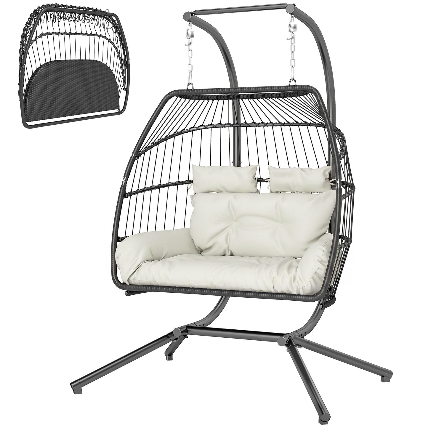 Double Wicker Egg Swing Chair with Stand, Foldable Hanging Egg Chair with UV Resistant Cushion, Headrest, Cream White
