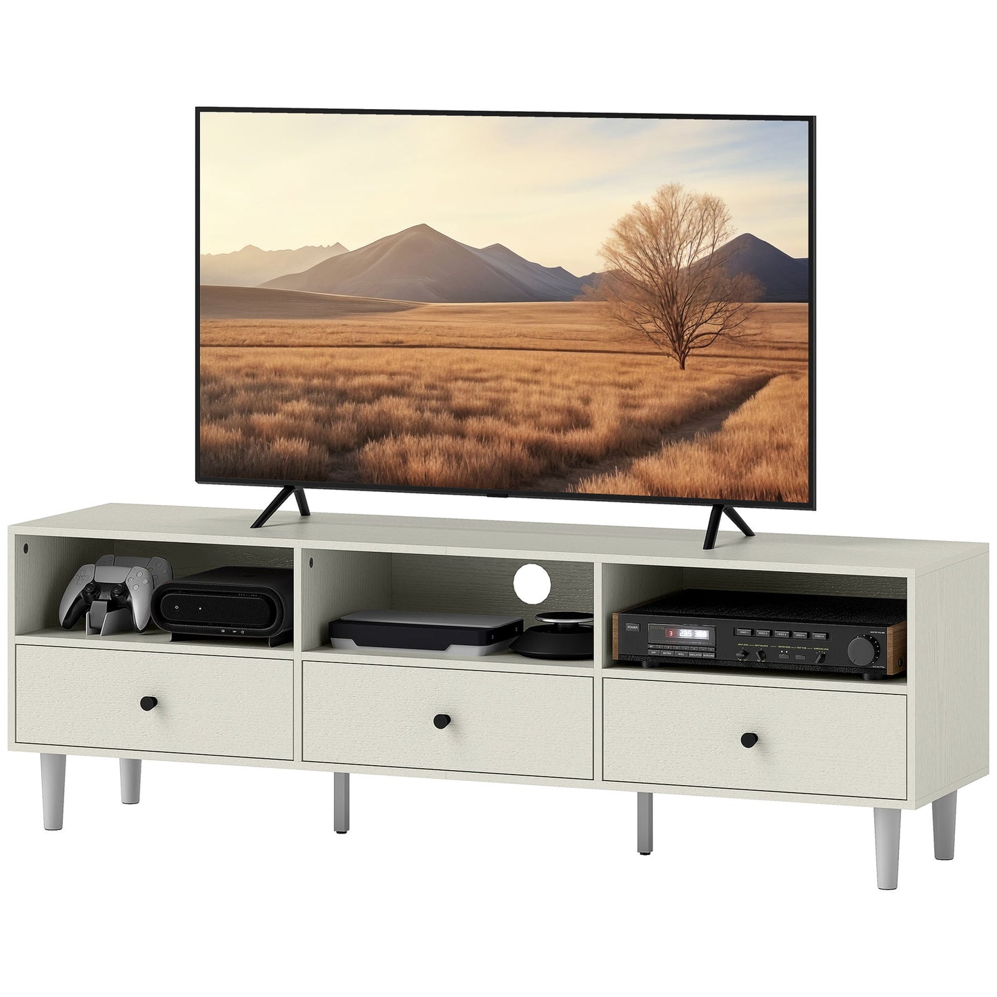TV Stand for up to 75 Inches, TV Table with 3 Storage Shelves, 3 Drawers for Living Room, Bedroom, Cream White