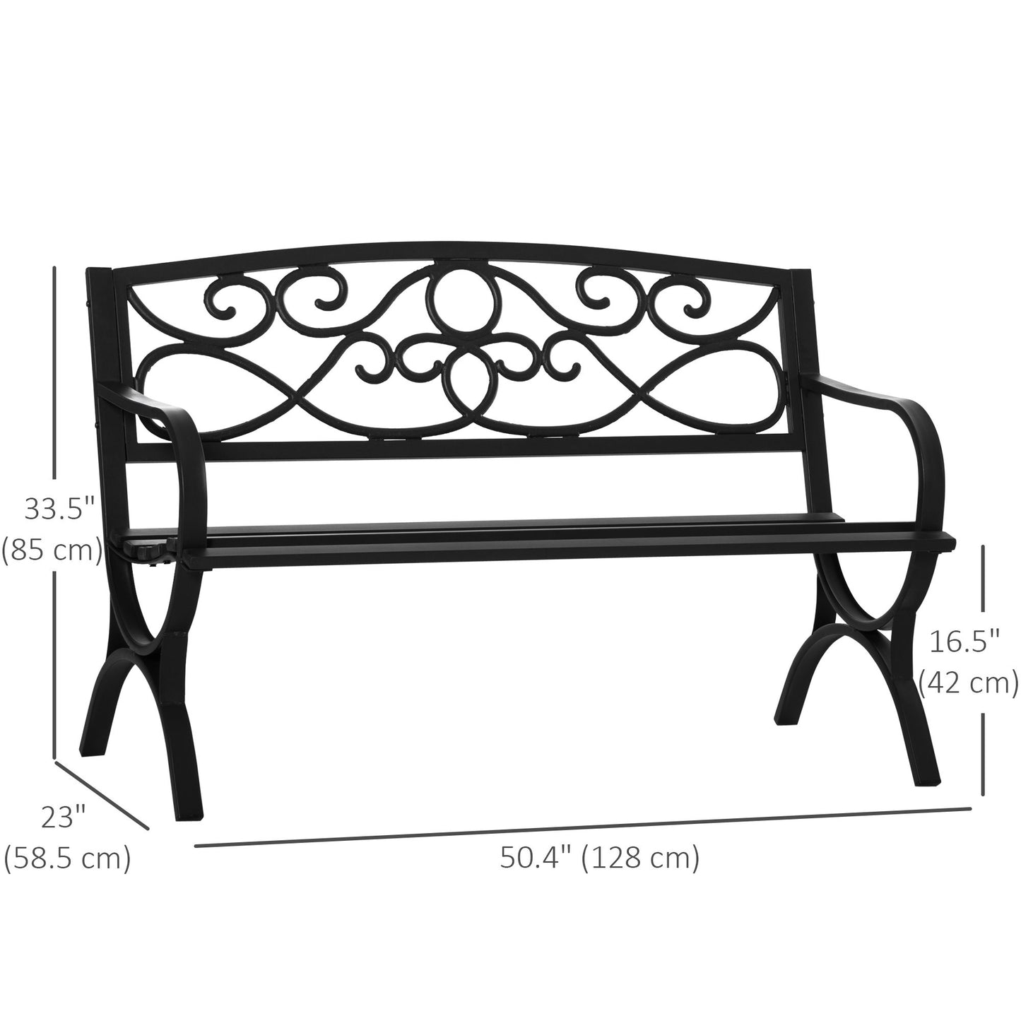 50" 2-Seater Outdoor Garden Bench Antique Loveseat with Armrest for Yard, Lawn, Porch, Patio, Steel/ Black