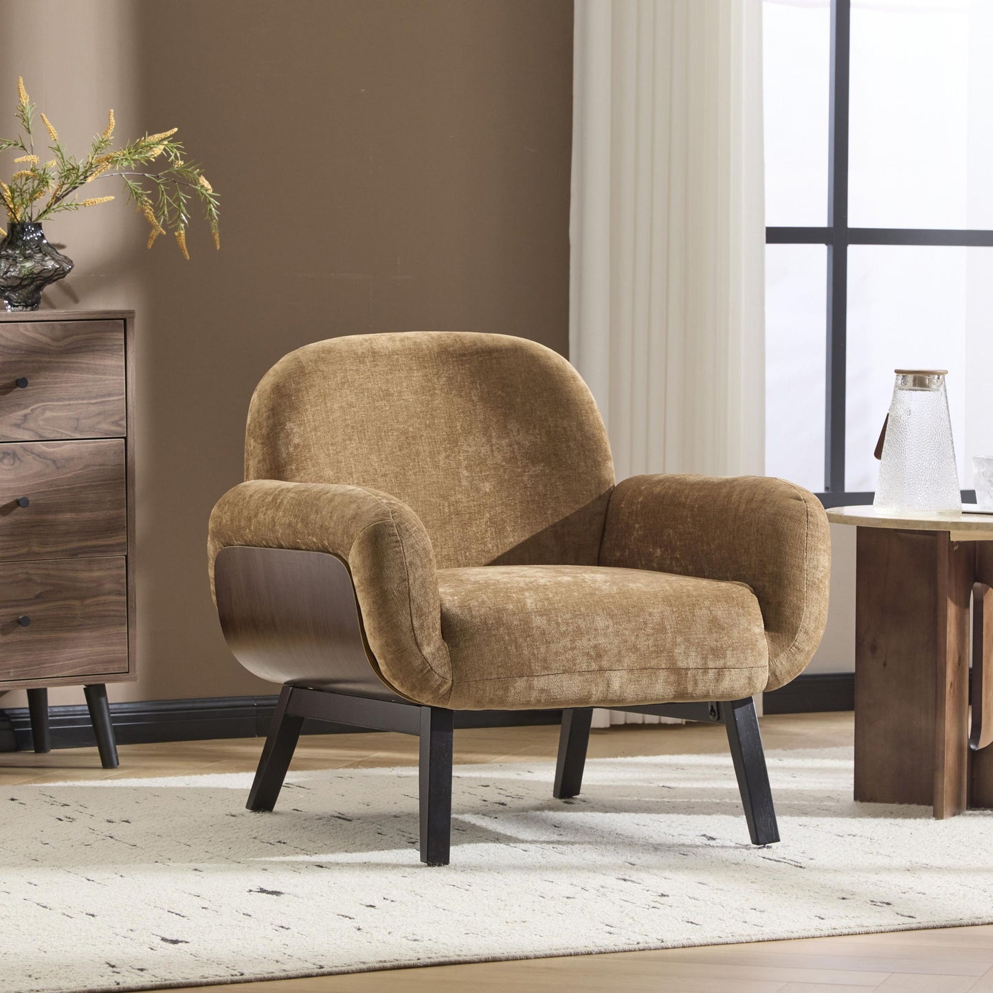 Modern-Scandinavian Accent Chair with Ergonomic Wrap-Around Backrest, Sturdy Armchair for Living Room, 31.5" L x 30.5" W x 31" H, Tan