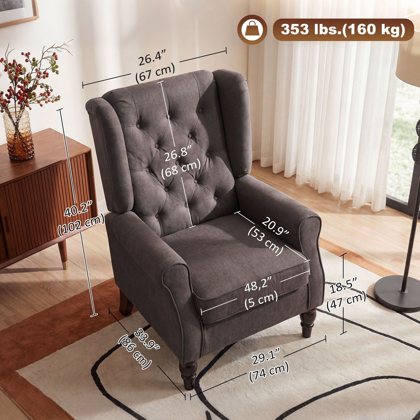 Modern Accent Chairs Button Tufted Armchair, Large Living Room Chair with Wood Legs, Rolled Arms, Thick Padding for Modern Homes, Brown