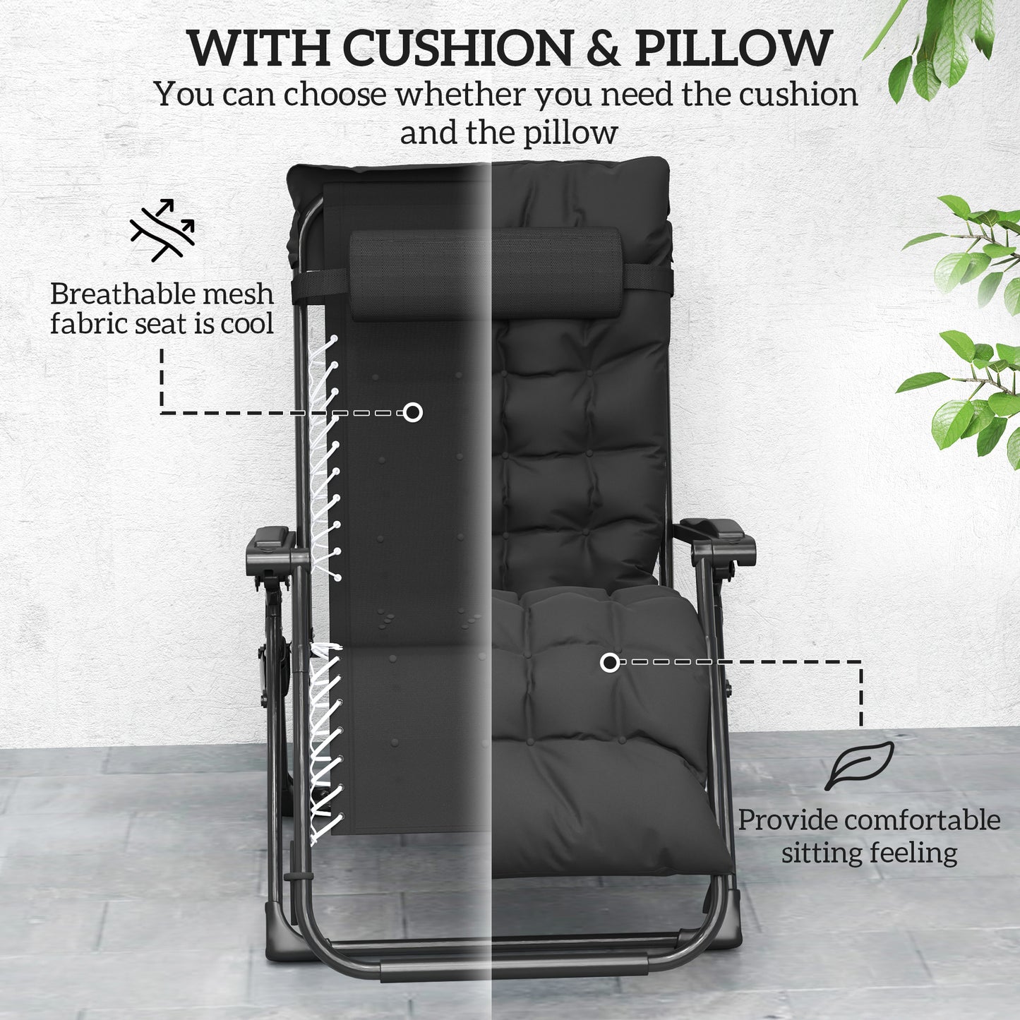Folding Garden Chairs Set of 2, Reclining Zero Gravity Chair, Sun Lounger with Cushion and Headrest, Khaki