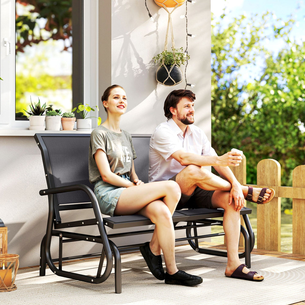 Patio Double Glider Outdoor Steel Sling Fabric Gliding Bench Garden Swing Chair Heavy-Duty Porch Rocker Garden Loveseat Grey
