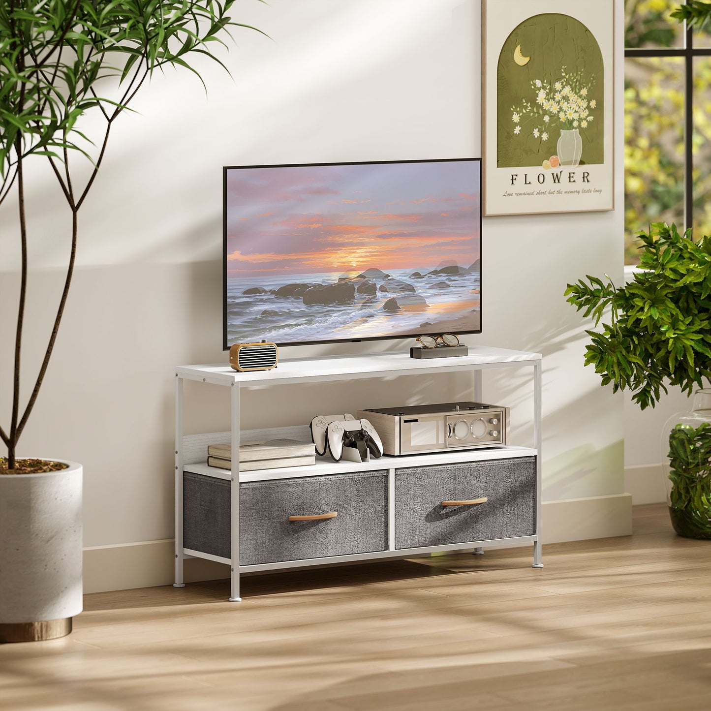TV Stand with Charging Station, TV Table with 2 Foldable Linen Drawers and Open Shelf for 47 Inch Television, White