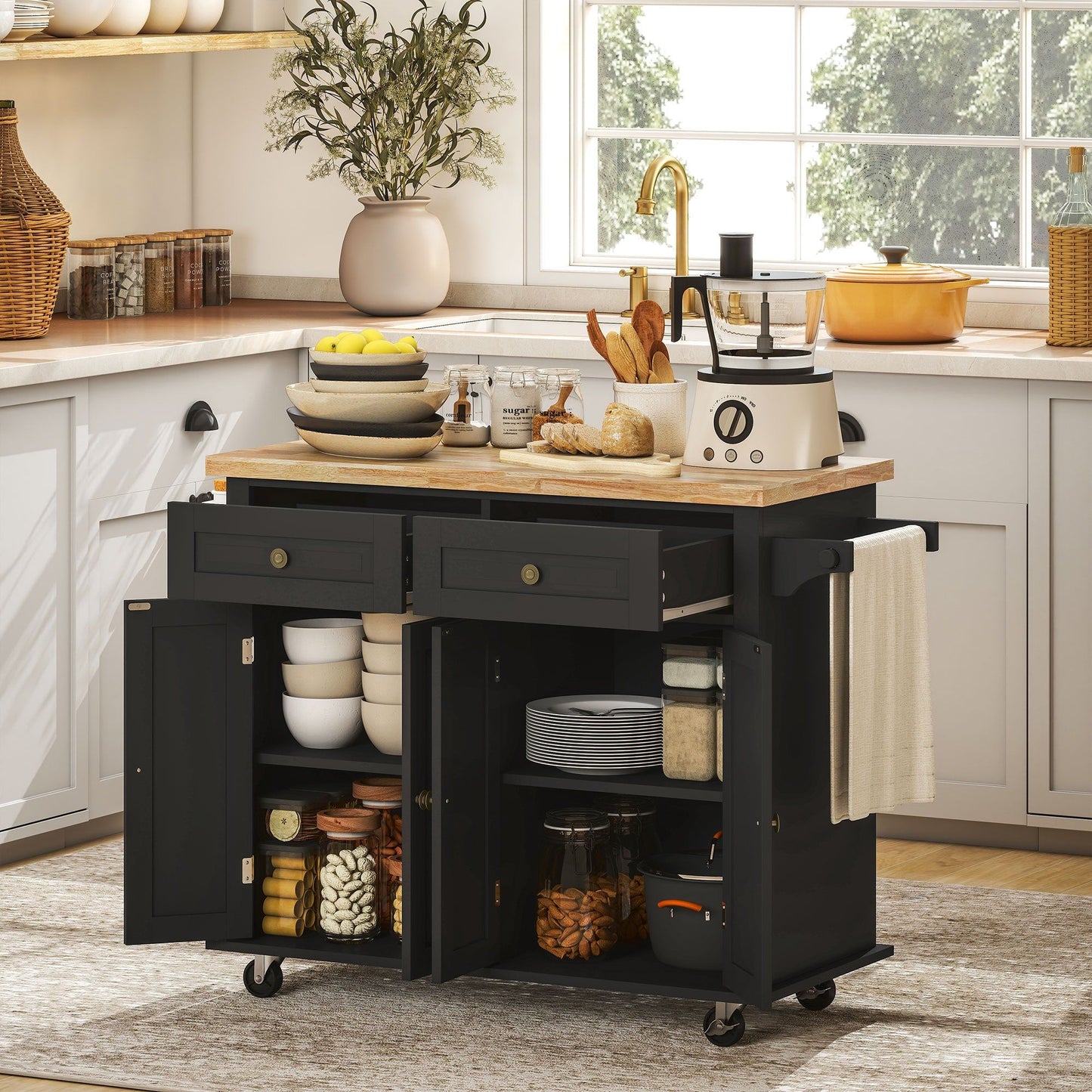 Rolling Kitchen Island with Wood Top and Spice Rack - Black